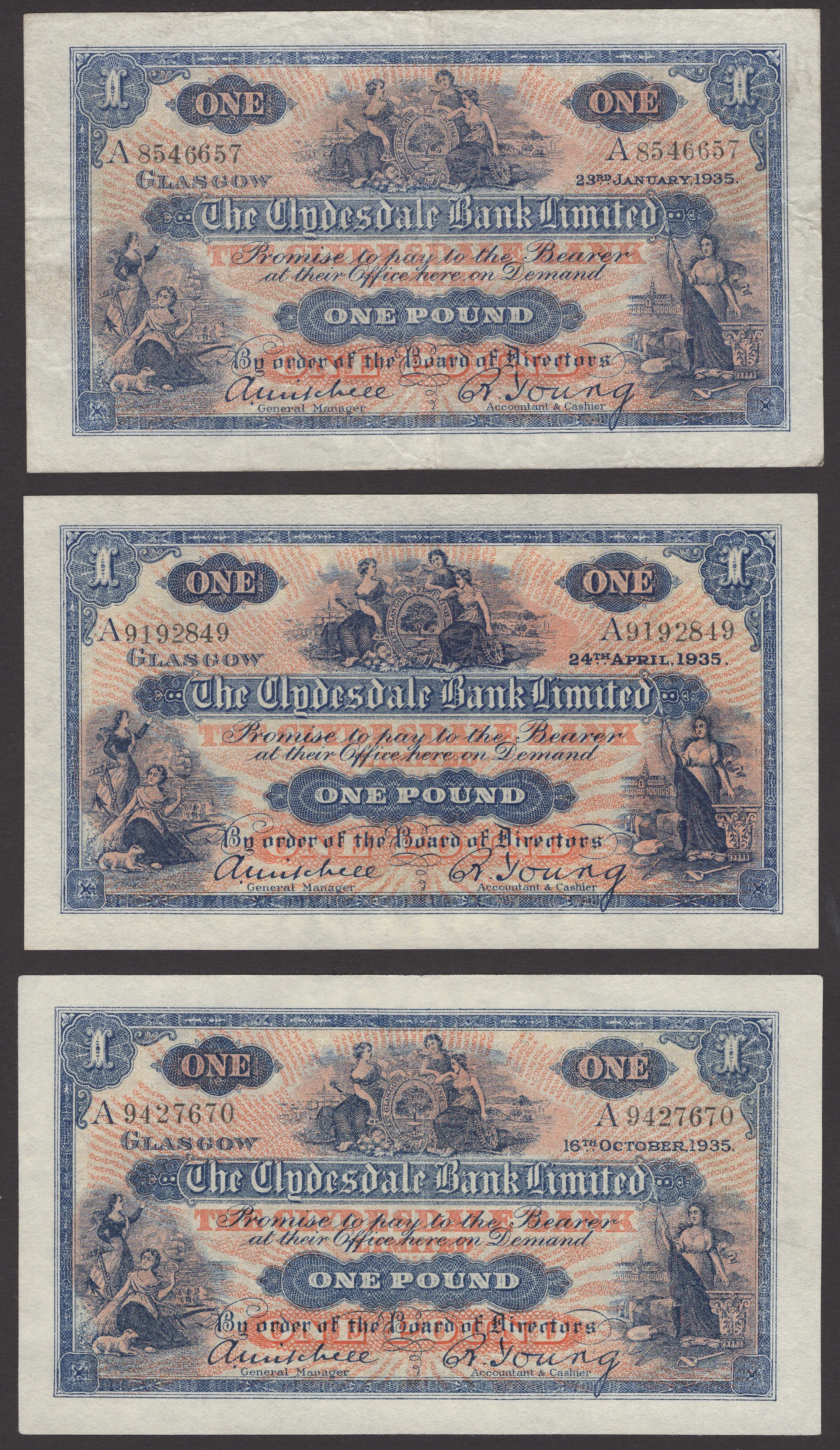 Clydesdale Bank Limited, £1 (5), 23 January 1935, serial number A8546657