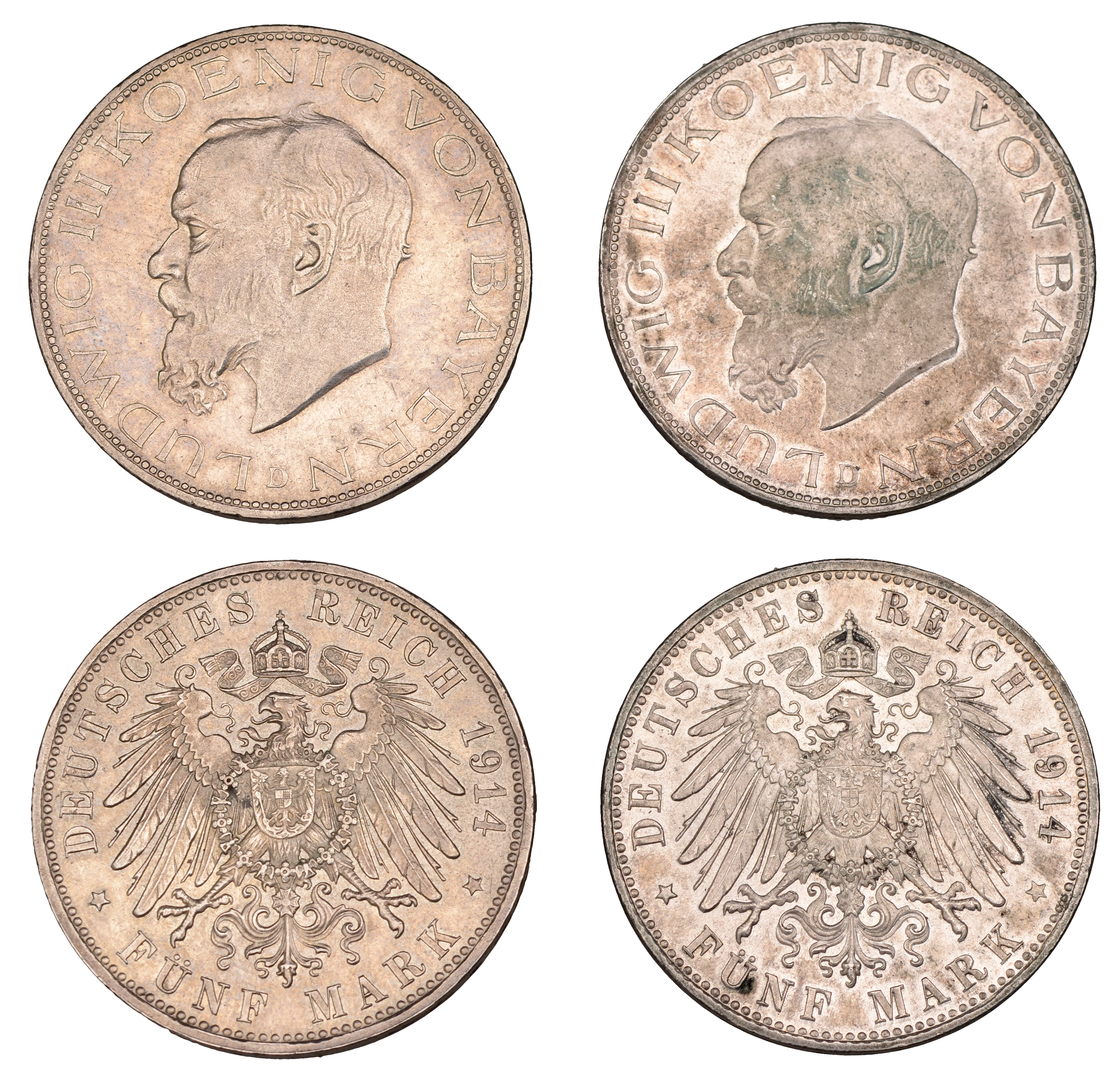Germany, Bavaria, Ludwig III, 5 Mark (2), both 1914d, Munich (Dav.