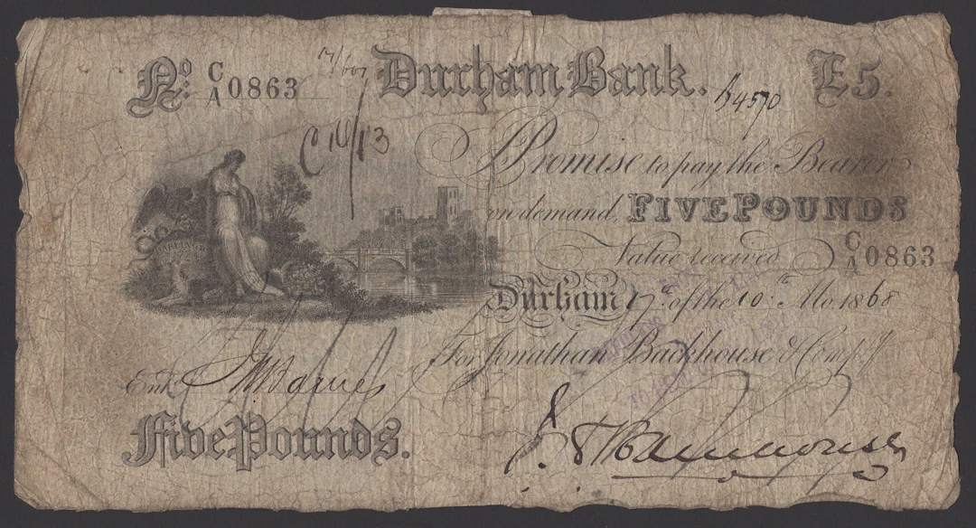 Durham Bank, for Jonathan Backhouse and Compy, cancelled £5, 17 October