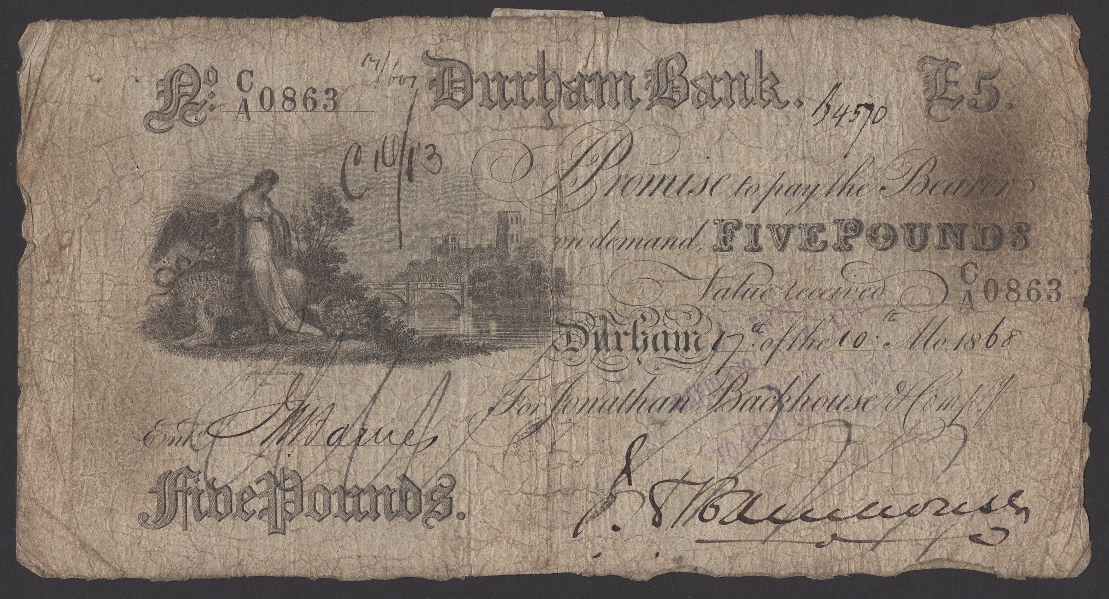 Durham Bank, for Jonathan Backhouse and Compy, cancelled £5, 17 October