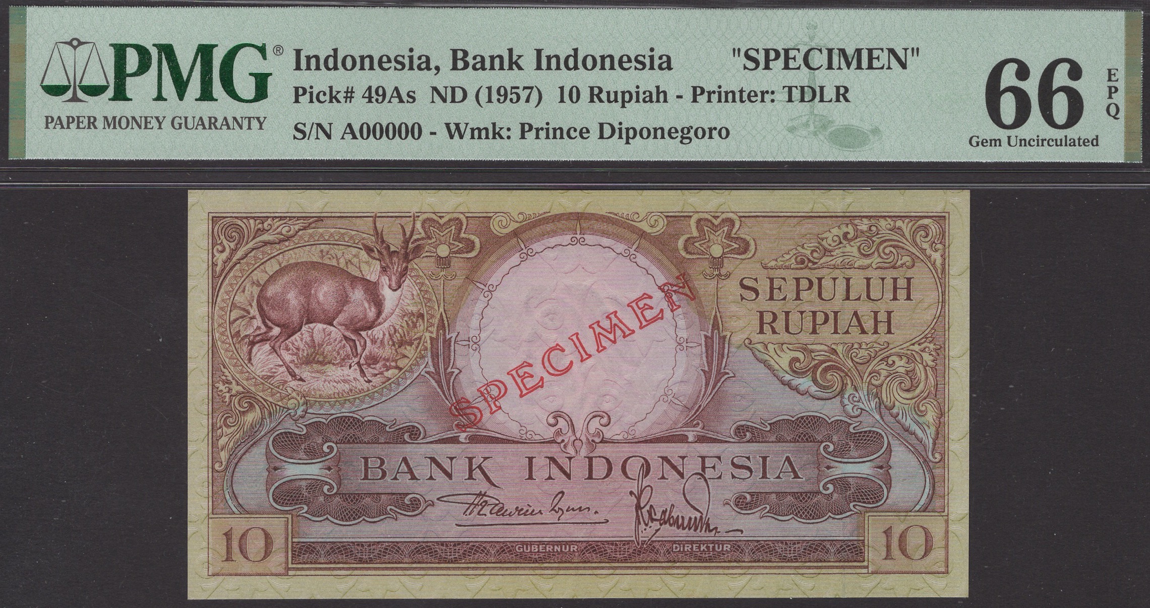 Bank Indonesia, specimen 10 Rupiah, ND (1957), serial number A00000