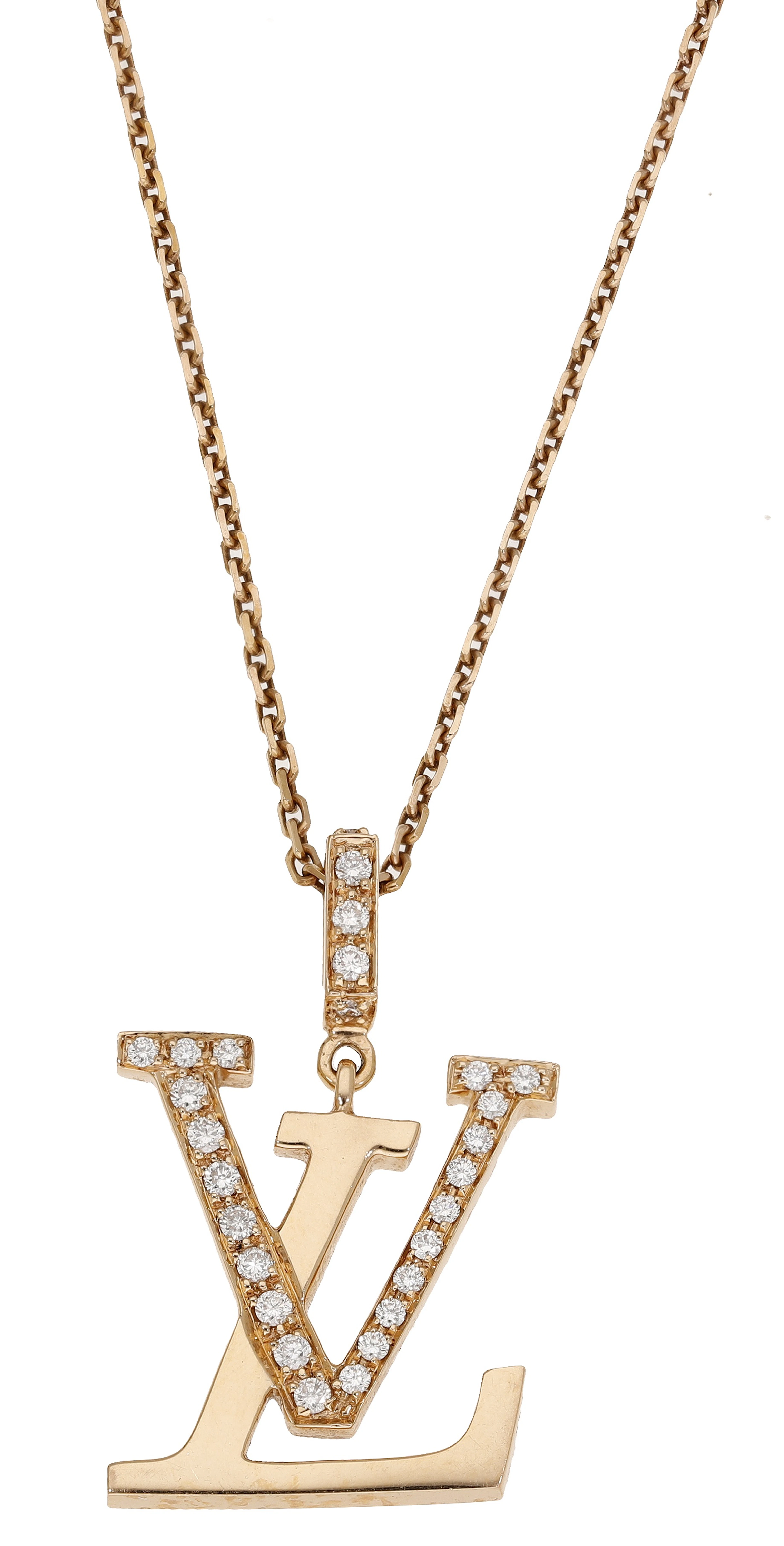 A diamond pendant, designed as a copy of the initials ‘LV’ for Louis