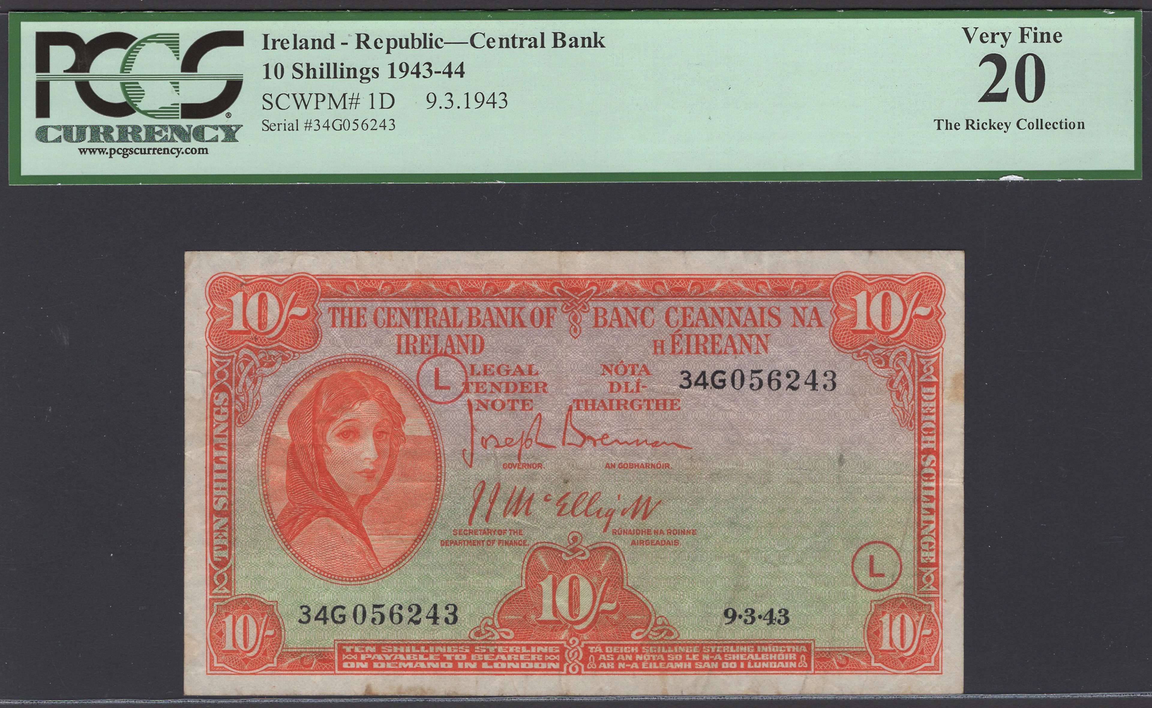 Central Bank of Ireland, 10 Shillings, 9 March 1943, serial number