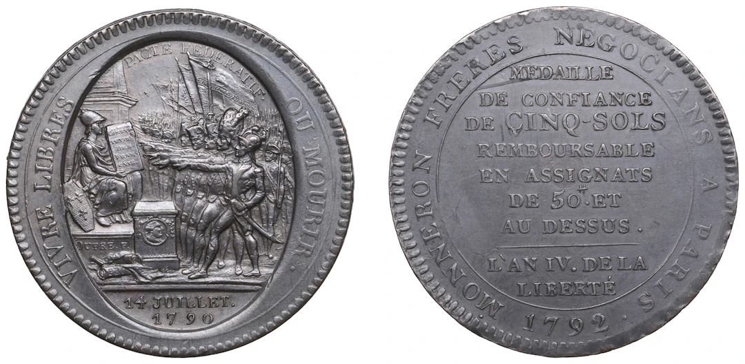 France, Monneron Freres, 5 Sols, 1792, National Convention type, in