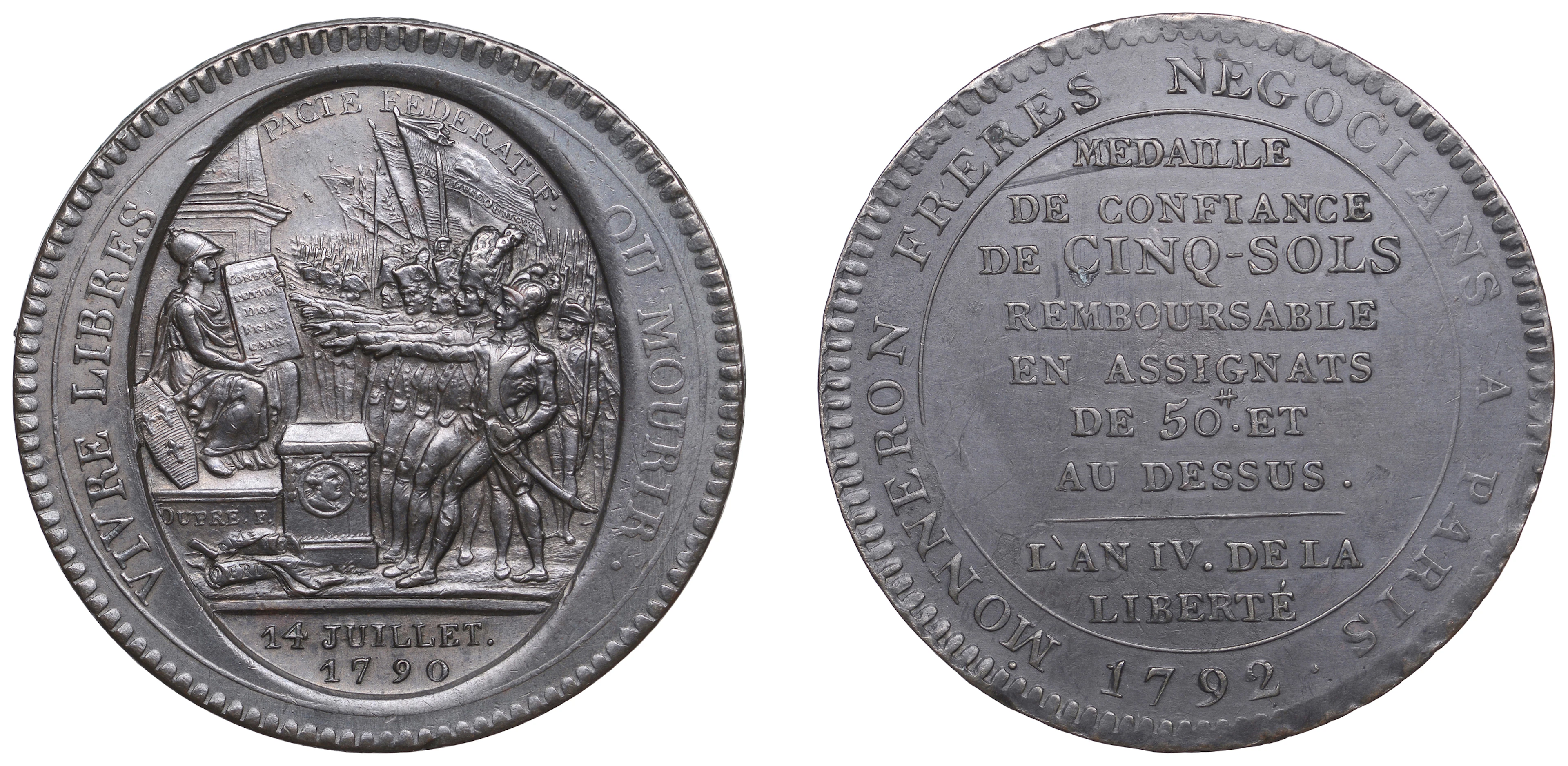 France, Monneron Freres, 5 Sols, 1792, National Convention type, in