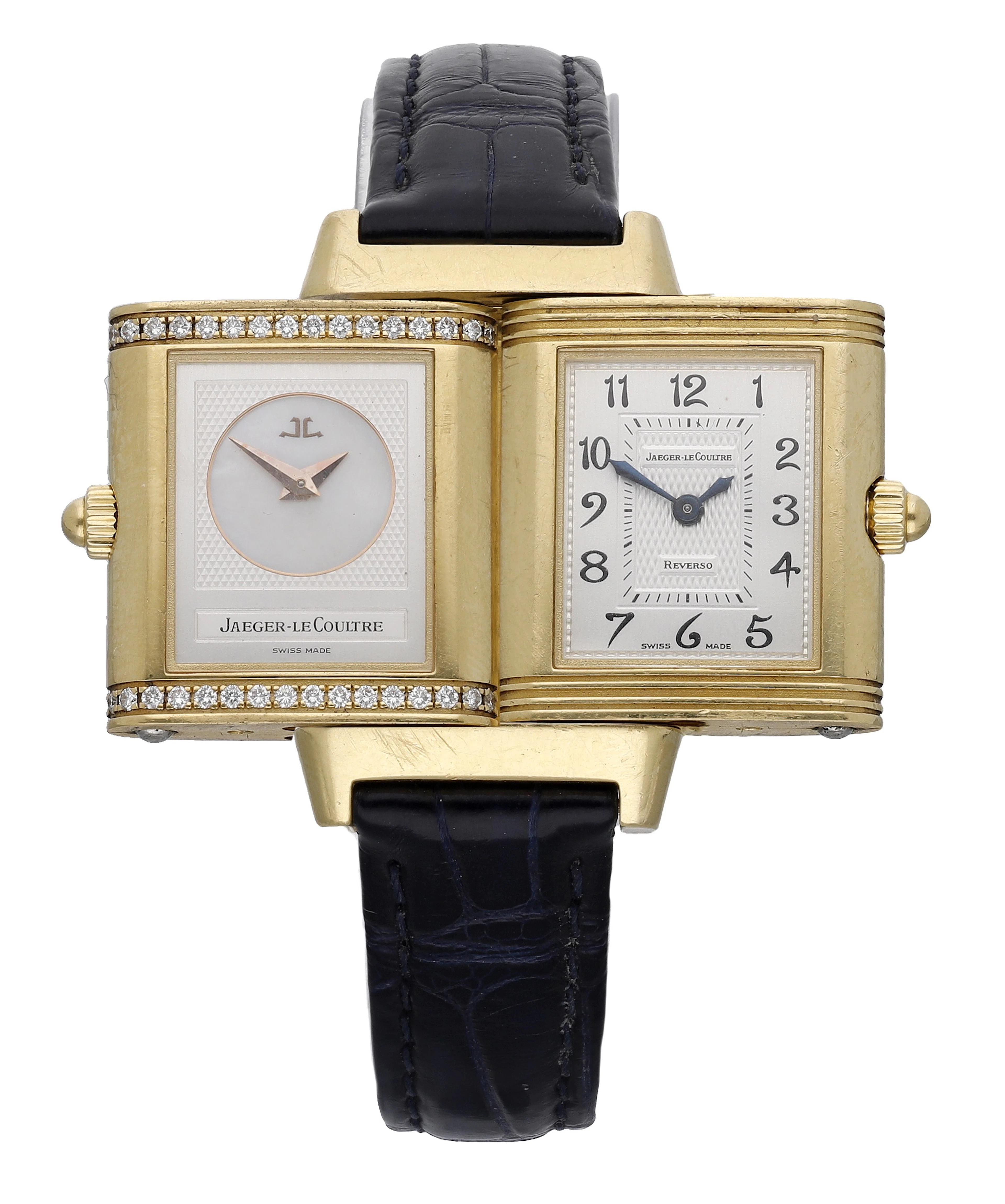 Jaeger-LeCoultre. A lady’s gold dual dialled rectangular wristwatch