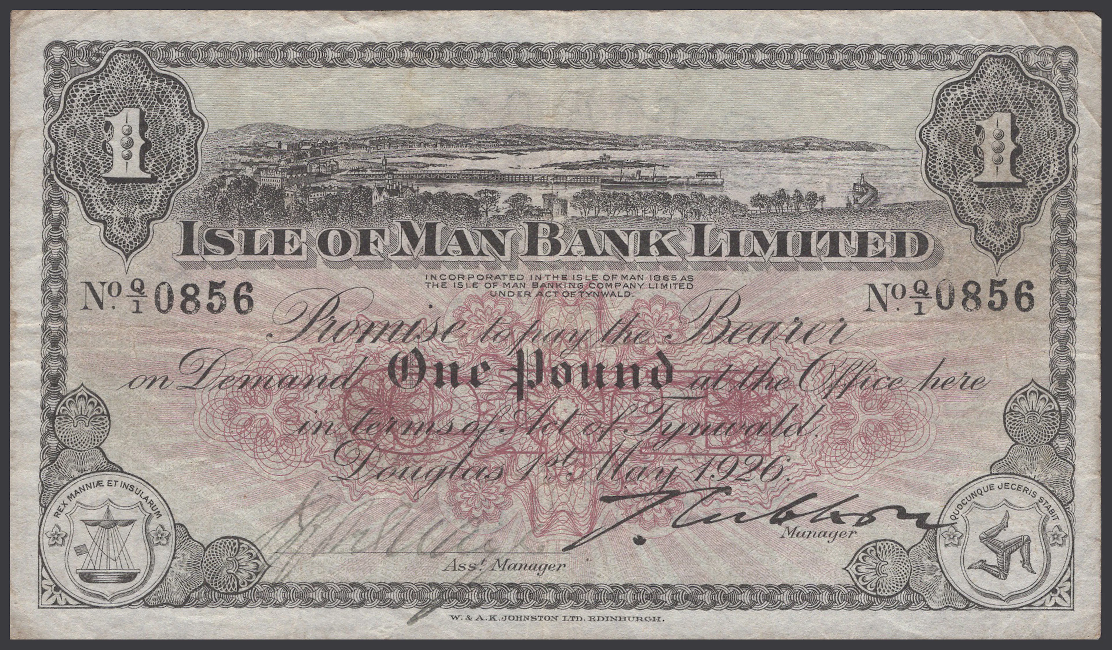 Isle of Man Bank Limited, £1, 1 May 1926, serial number Q/1 0856 Quayle