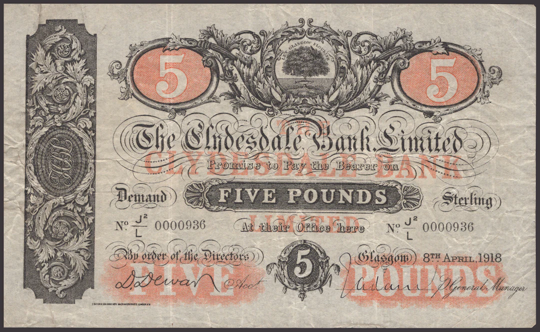 Clydesdale Bank Limited, £5, 8 April 1918, serial number J2/L 0000936