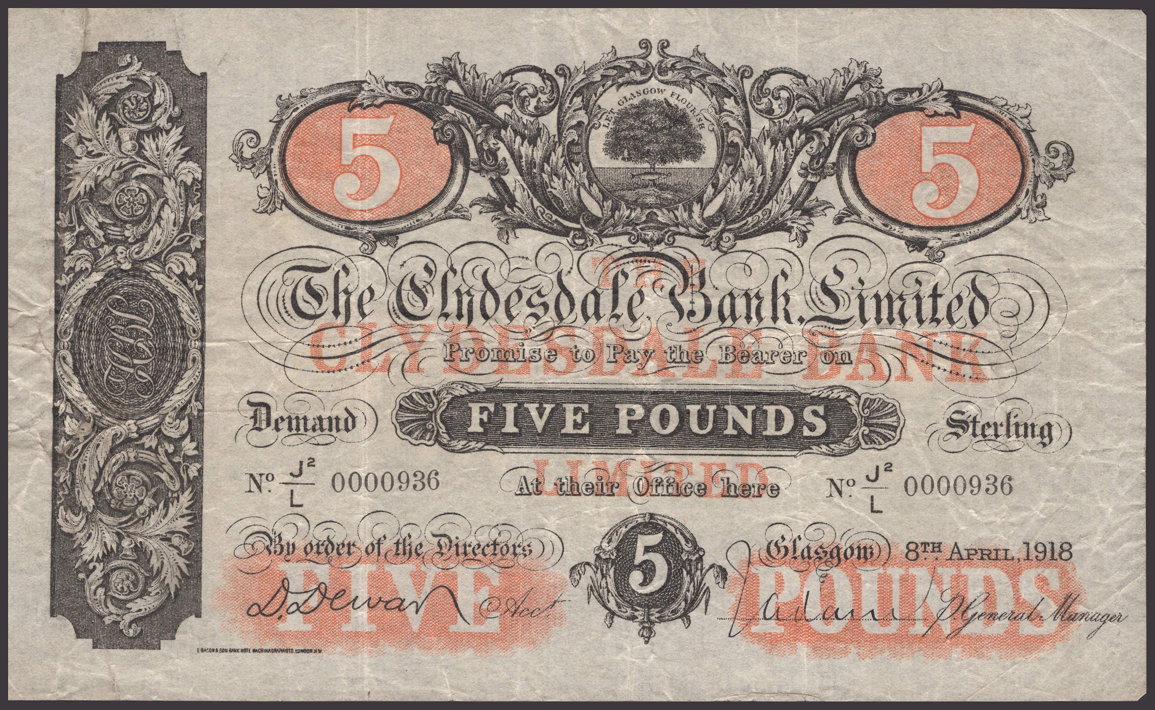 Clydesdale Bank Limited, £5, 8 April 1918, serial number J2/L 0000936
