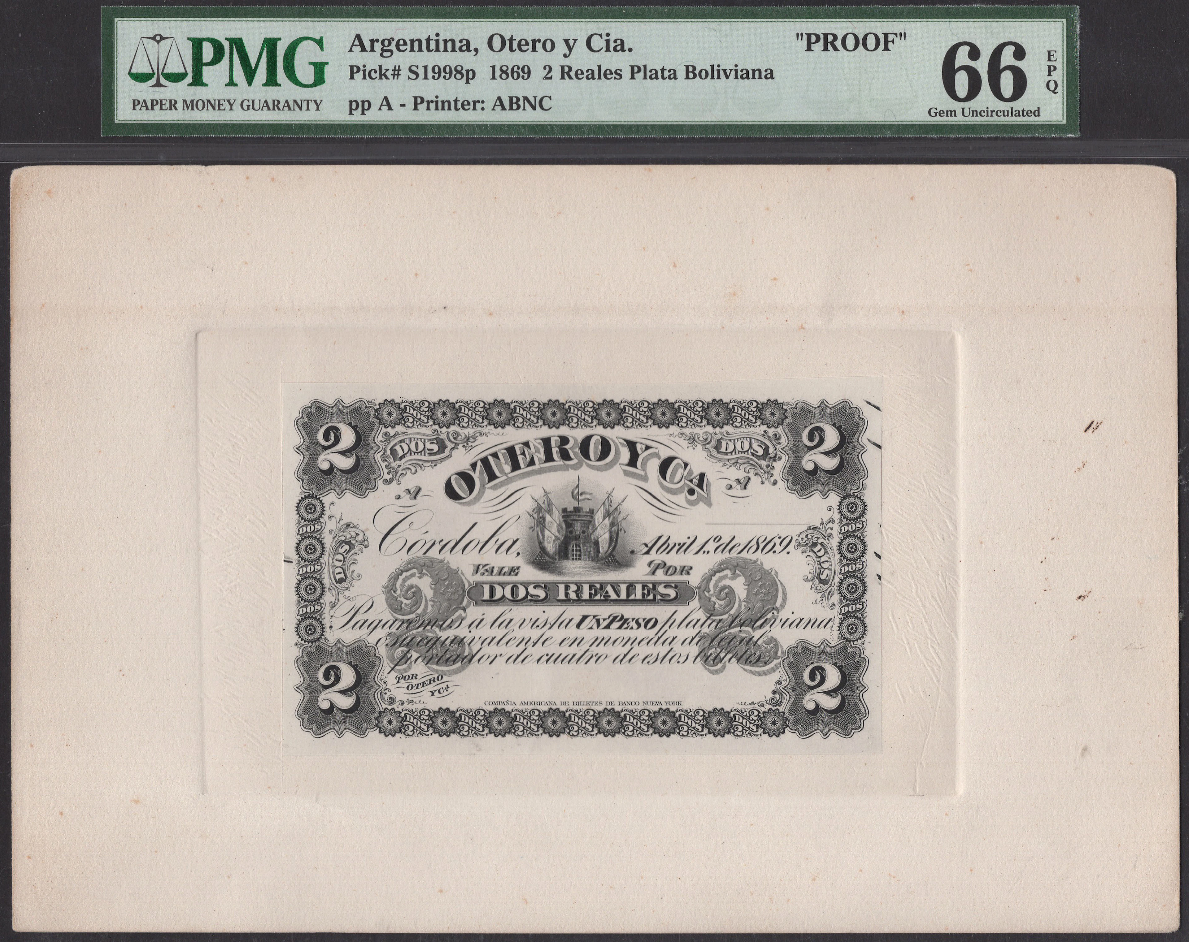 Argentina, Otero y Ca., proof 2 Reales Plata Boliviana, 1869, without