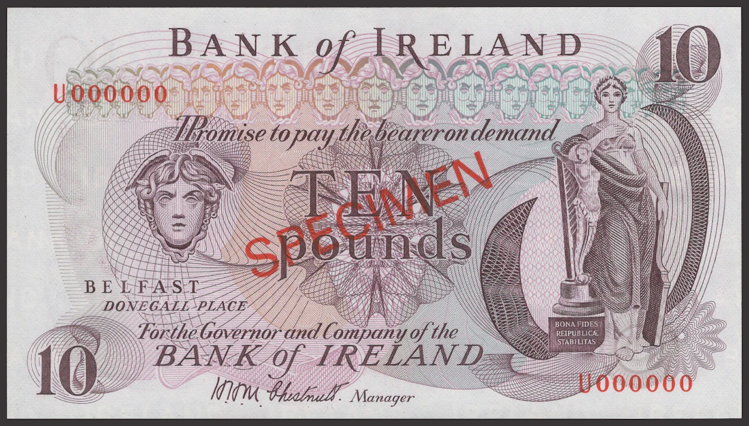 Bank of Ireland, specimen £10, ND (1971), serial number U000000, Chestnutt