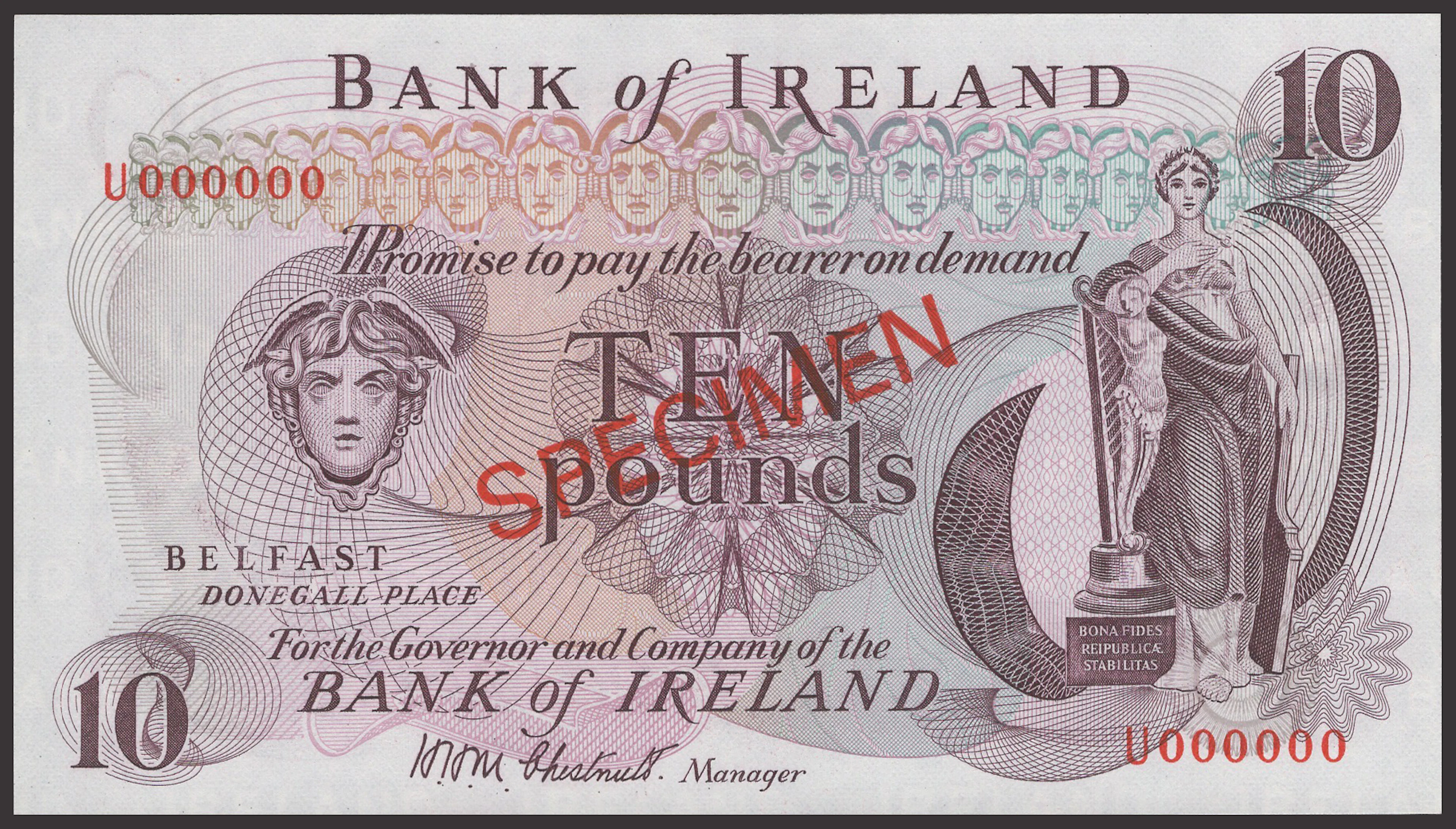 Bank of Ireland, specimen £10, ND (1971), serial number U000000, Chestnutt