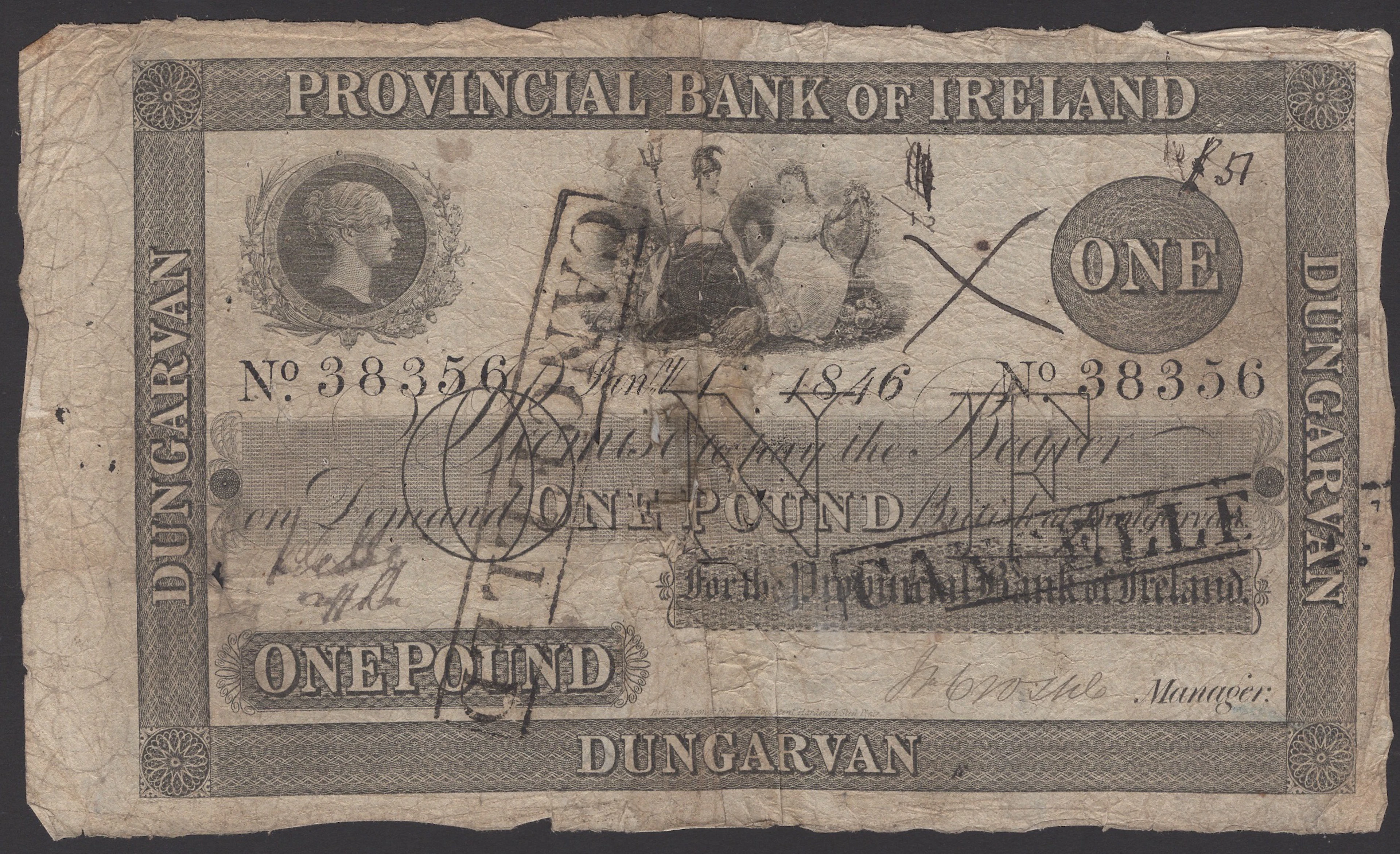 Provincial Bank of Ireland, £1, 1 January 1846, serial number 38356