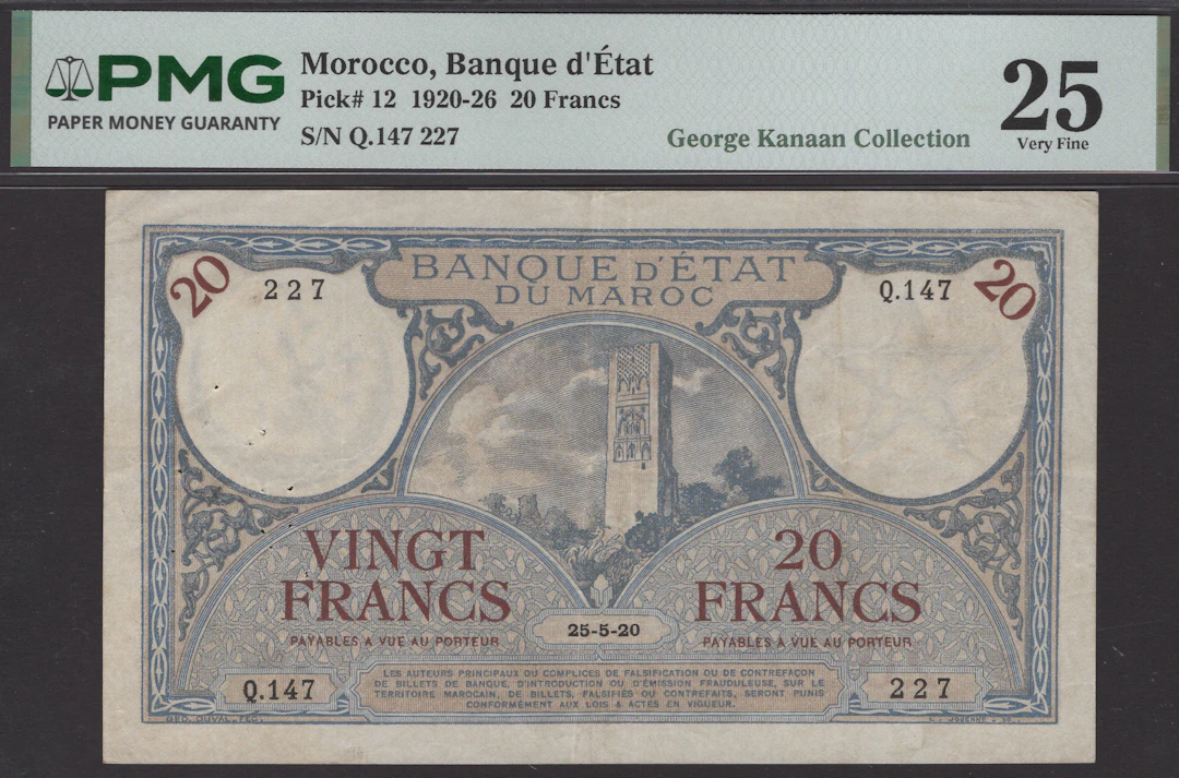 Banque d’Etat du Maroc, 20 Francs, 25 May 1920, serial number Q.147