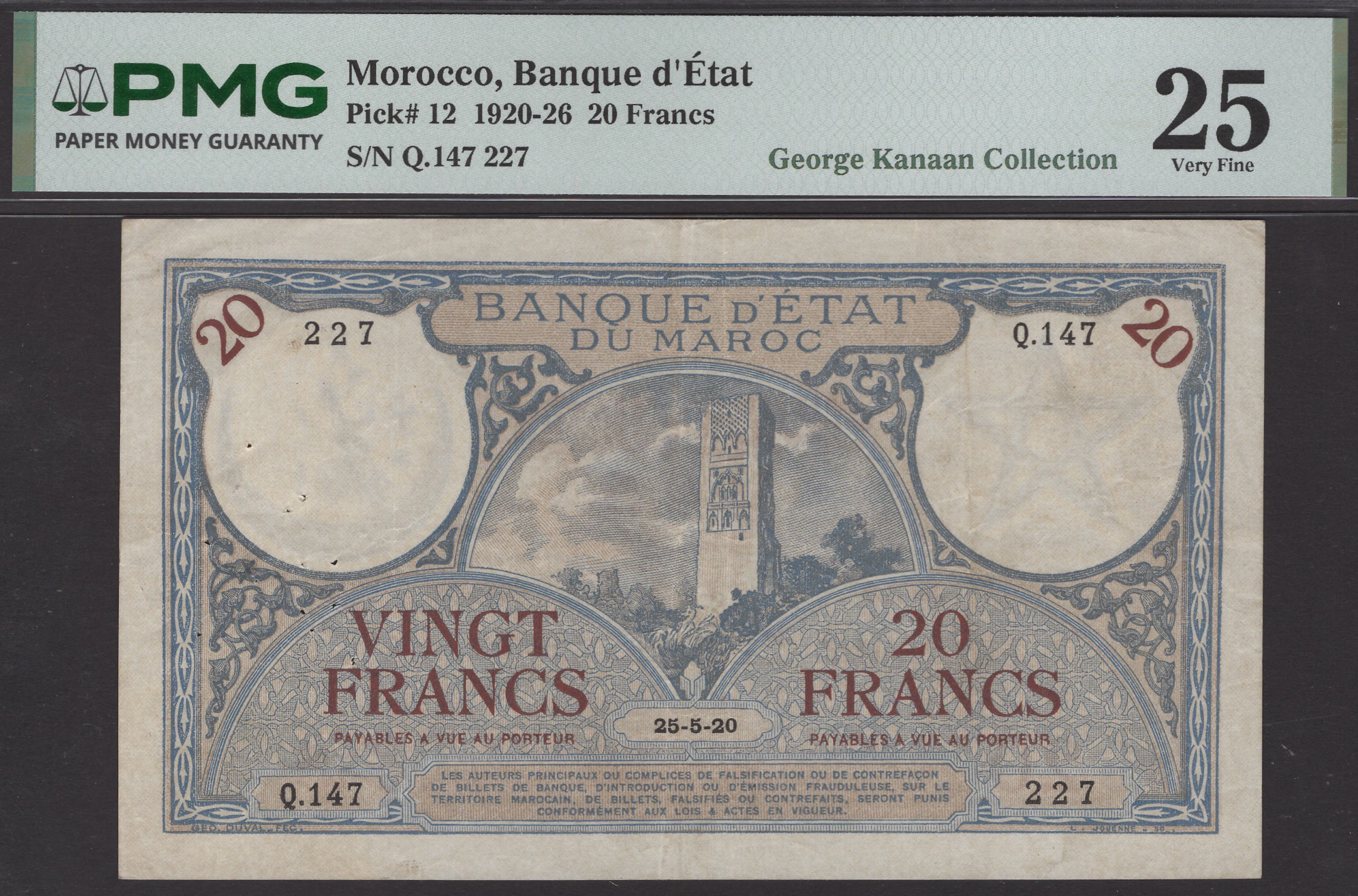 Banque d’Etat du Maroc, 20 Francs, 25 May 1920, serial number Q.147