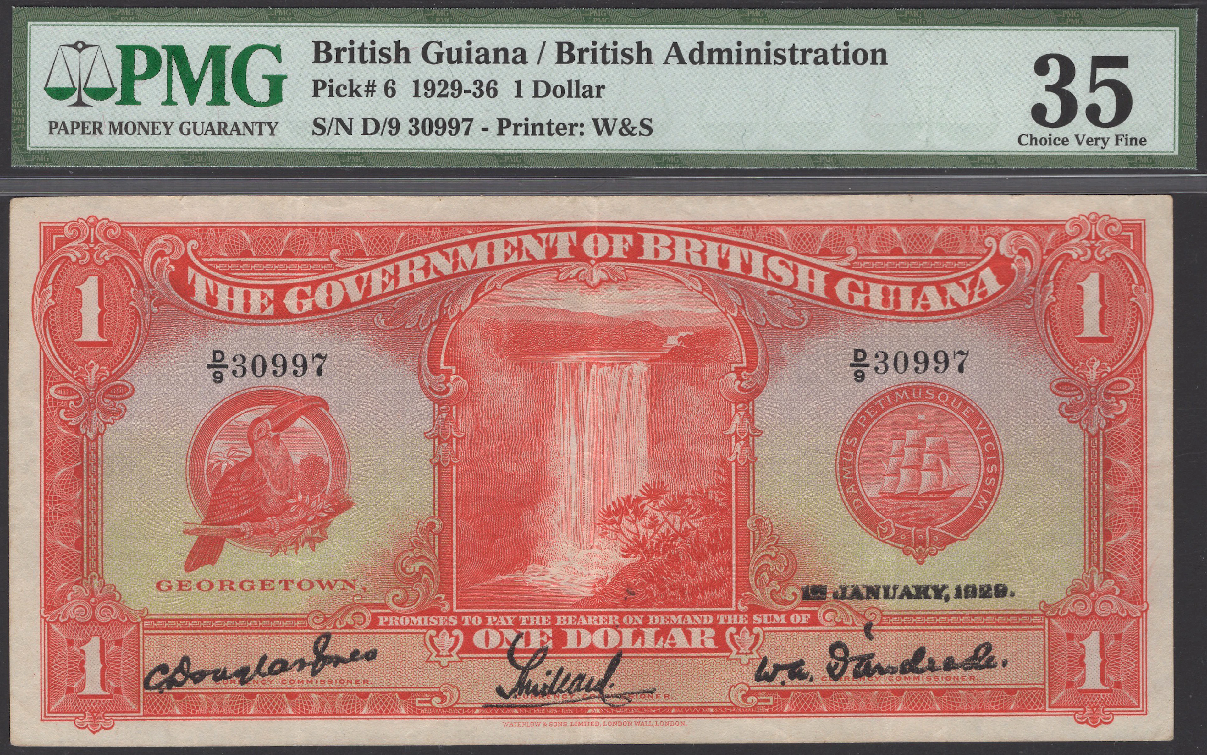 Government of British Guiana, $1, 1 January 1929, serial number D/9