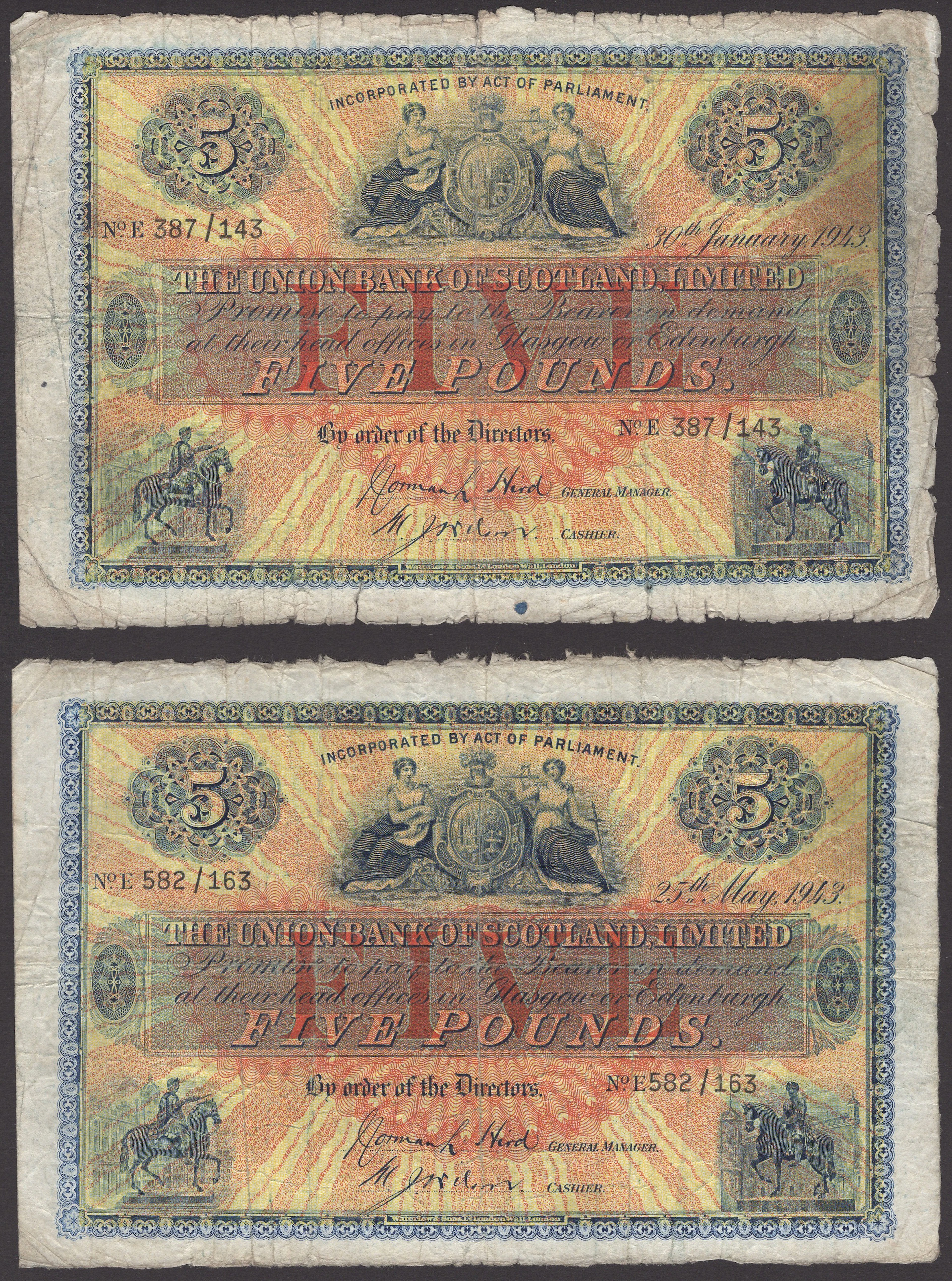 Union Bank of Scotland, £5 (2), 30 January 1943, serial number E 387/143