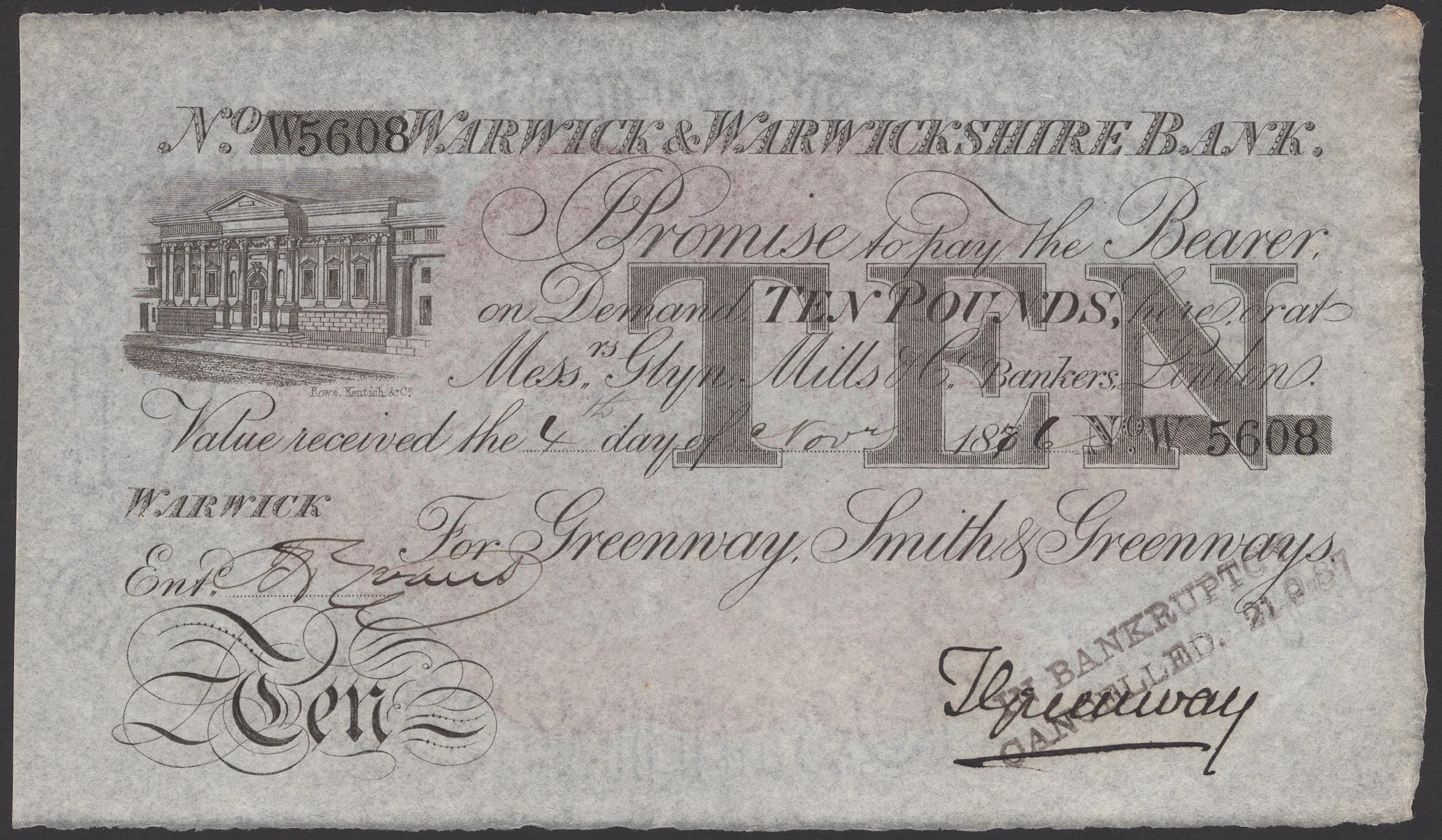 Warwick & Warwickshire Bank, for Greenway, Smith & Greenways, £10