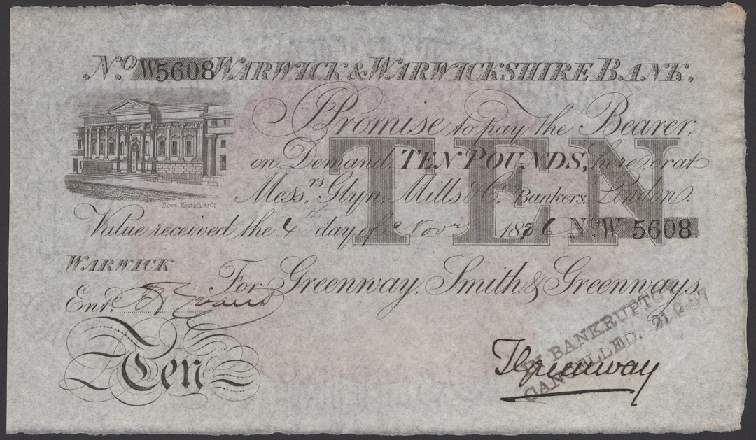 Warwick & Warwickshire Bank, for Greenway, Smith & Greenways, £10