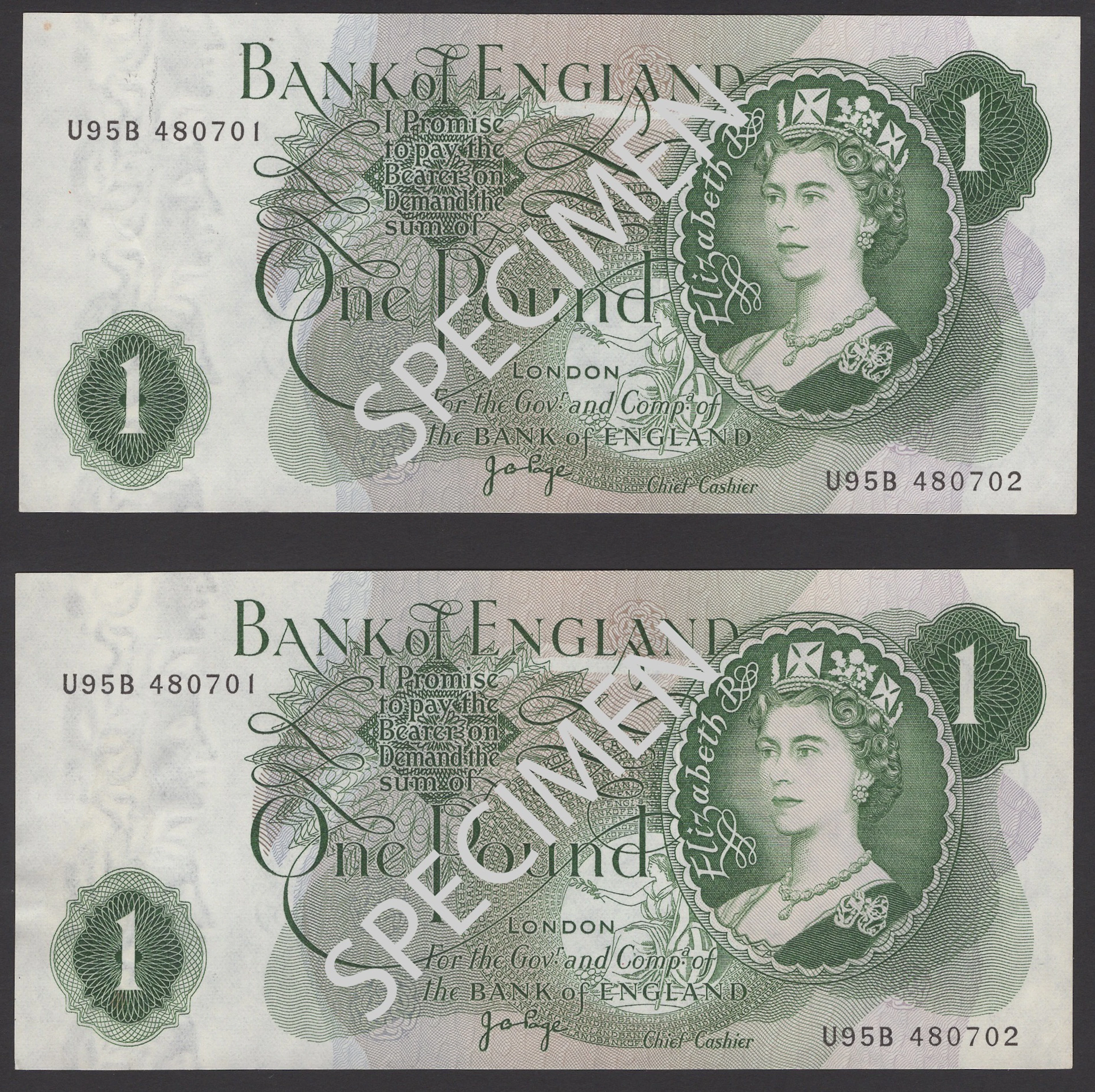 ERROR: Bank of England, John B. Page, £1 (2), 1970, with matching