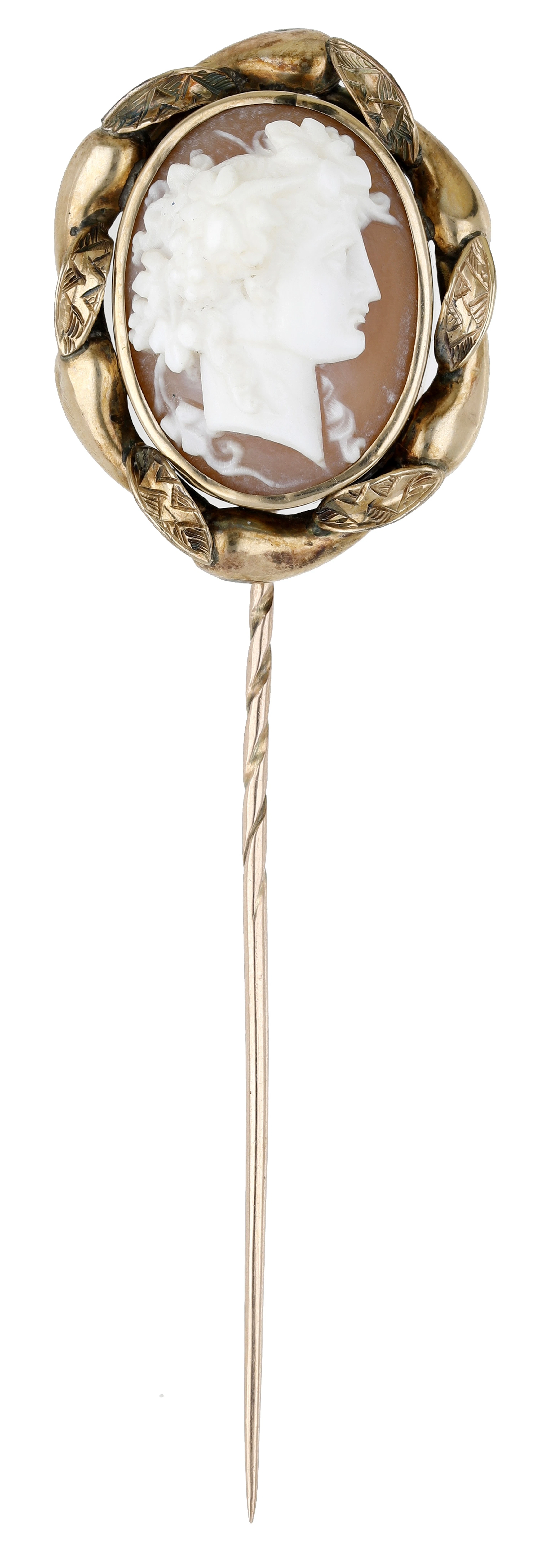 A late 19th century shell cameo stickpin, carved to depict a bacchante