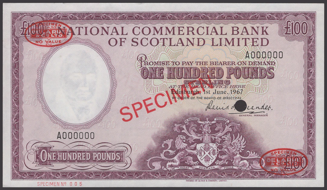 National Commercial Bank of Scotland, specimen £100, 1 June 1967