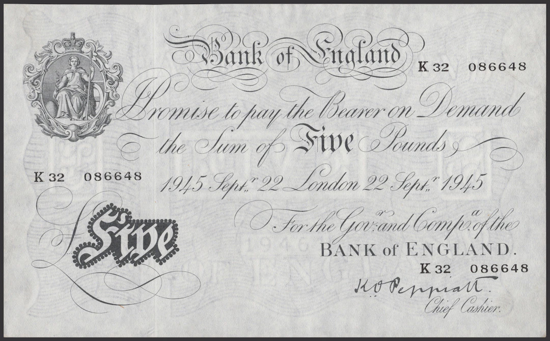 Bank of England, Kenneth O. Peppiatt, £5, 22 September 1945, serial