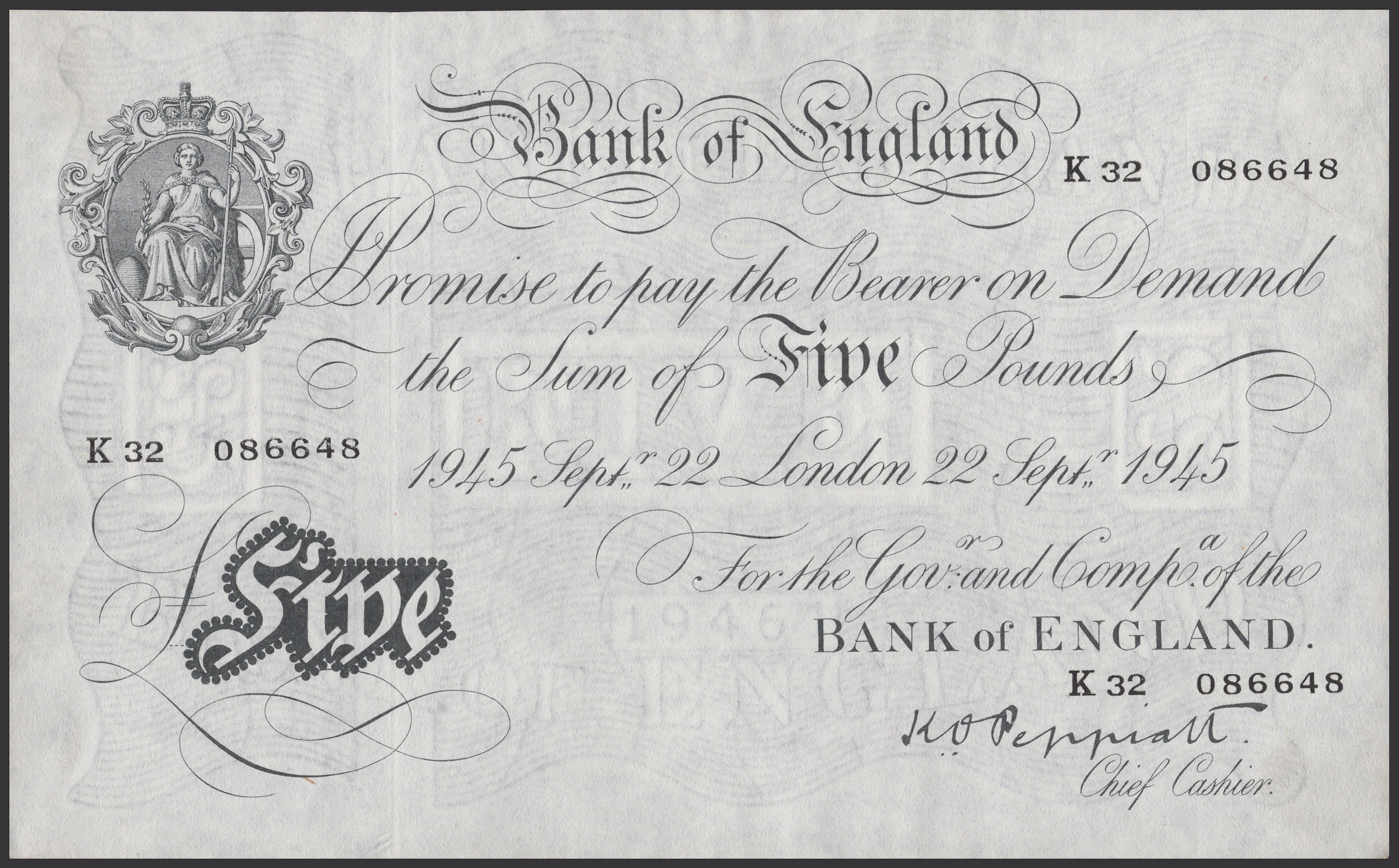 Bank of England, Kenneth O. Peppiatt, £5, 22 September 1945, serial