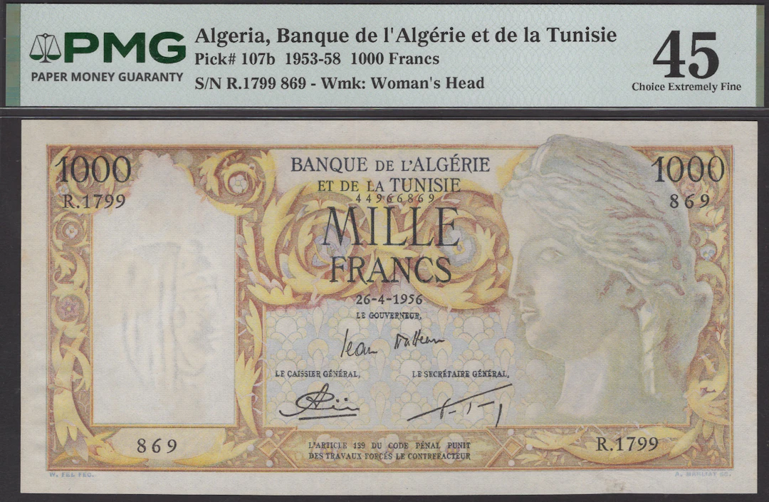 Banque de l’Algerie et de la Tunisie, 1000 Francs, 26 April 1956