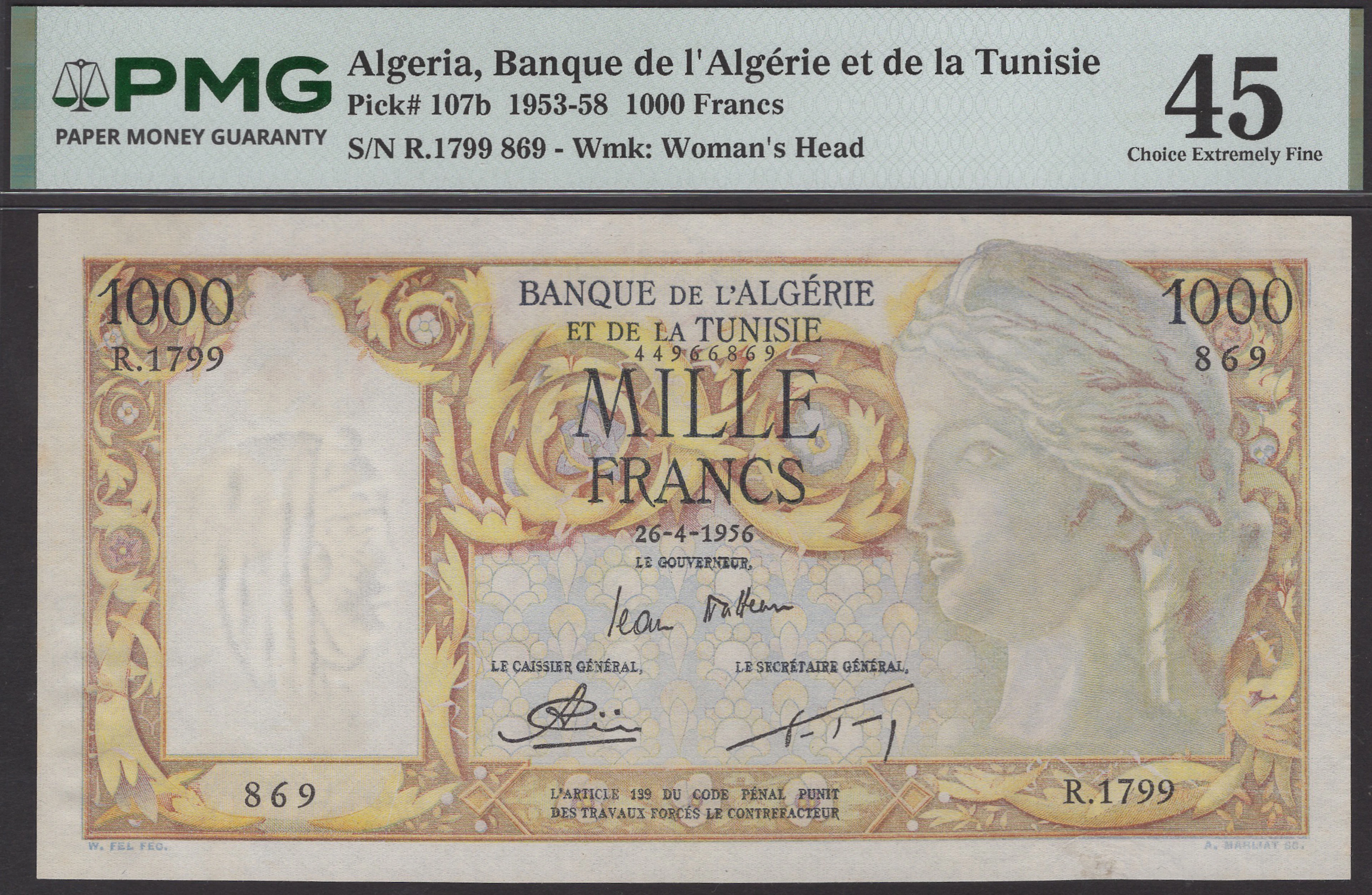 Banque de l’Algerie et de la Tunisie, 1000 Francs, 26 April 1956