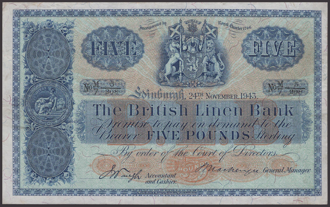 British Linen Bank, £5, 24 November 1943, serial number M/7 5/208