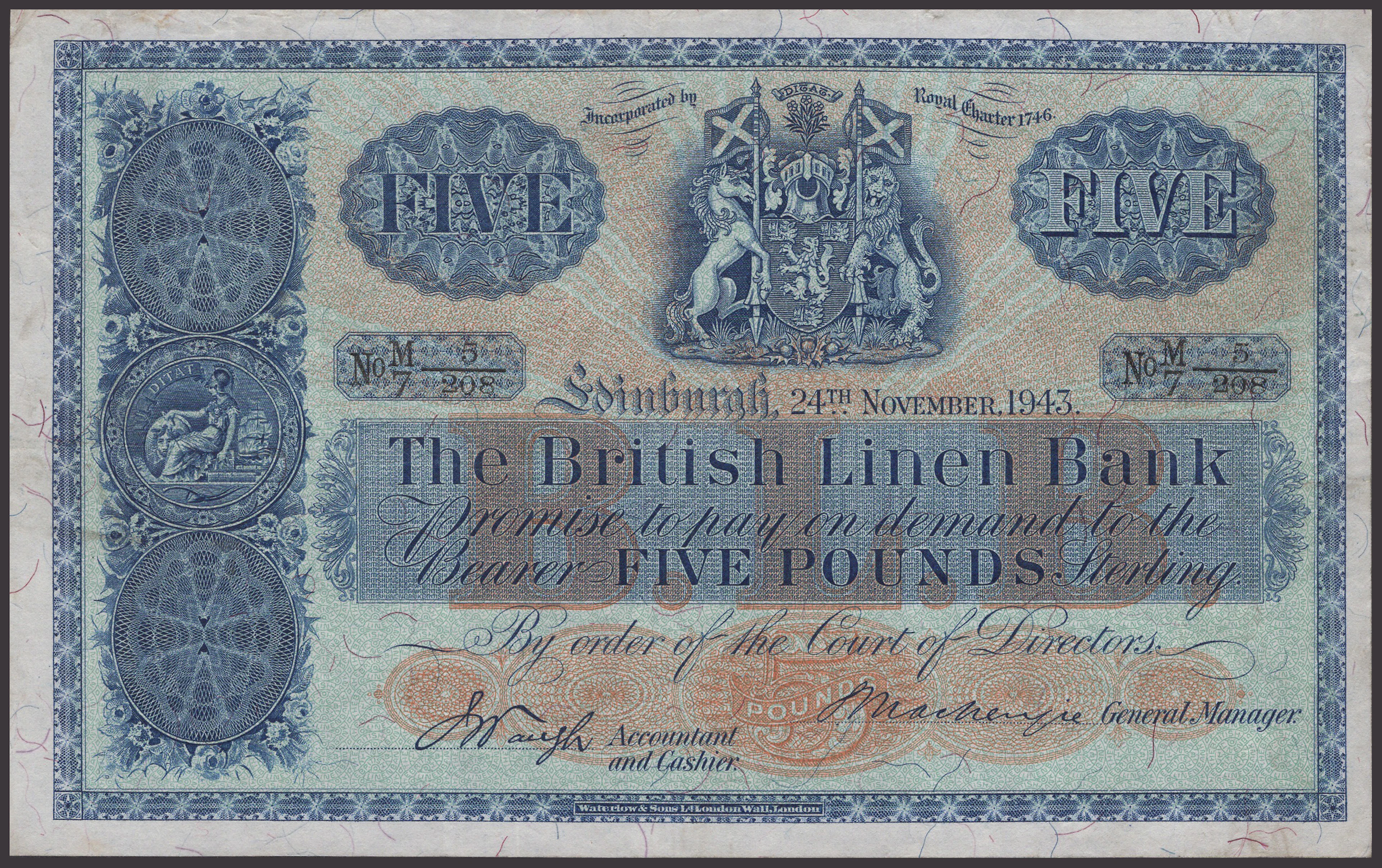 British Linen Bank, £5, 24 November 1943, serial number M/7 5/208