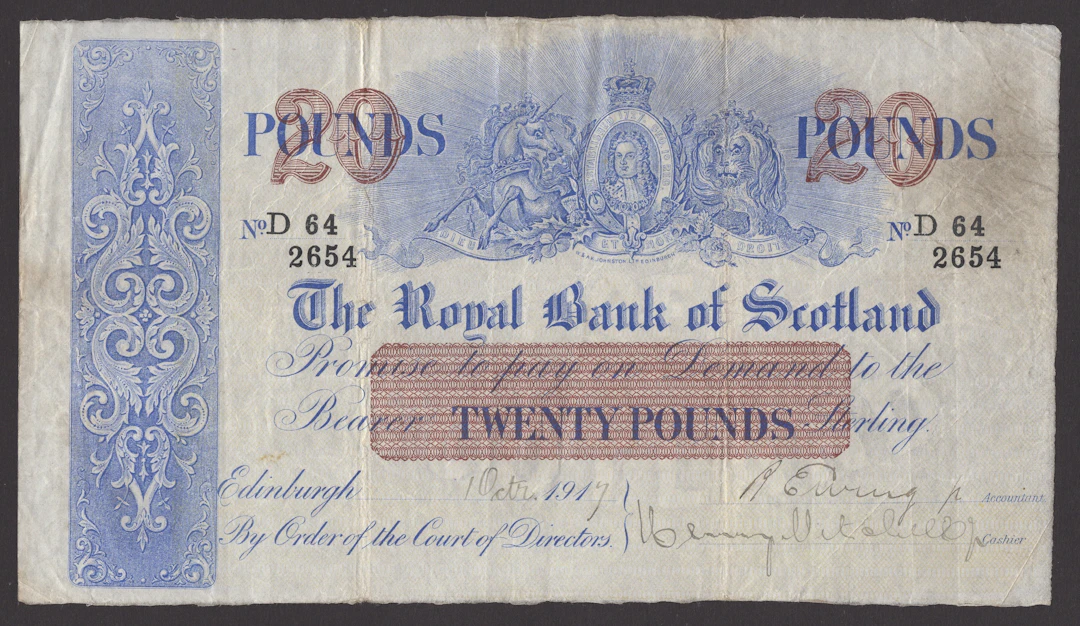 Royal Bank of Scotland, £20, 1 October 1917, serial number D 64/2654