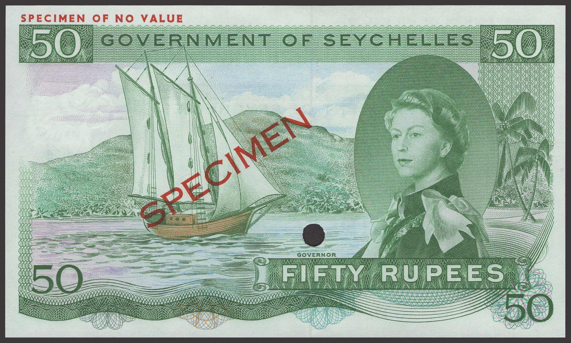 Government of Seychelles, colour trial 50 Rupees, ND (1968), without