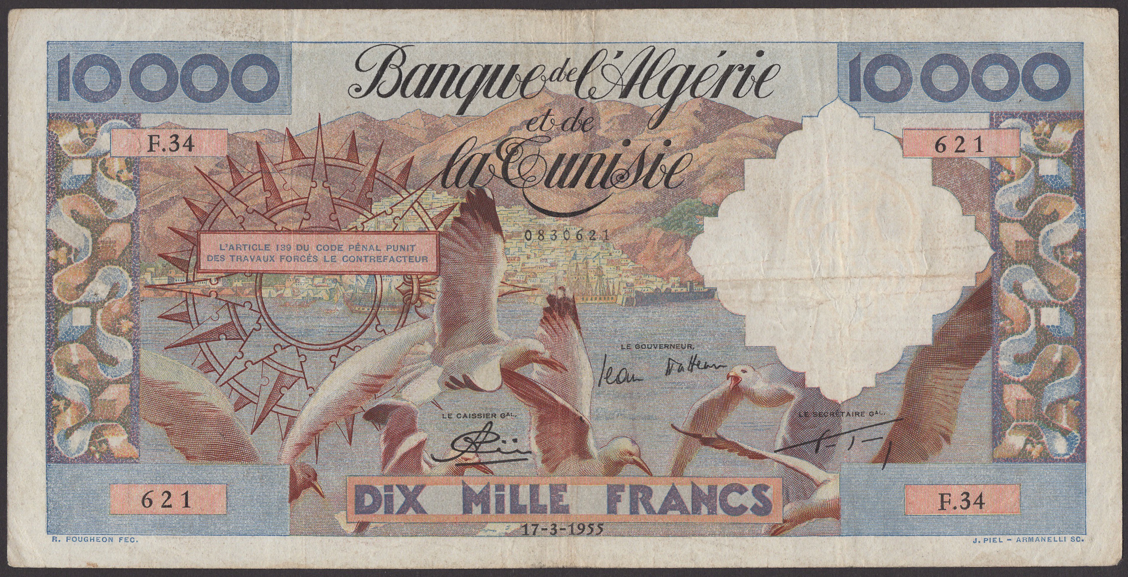 Banque de l’Algerie et de la Tunisie, 10,000 Francs, 17 March 1955