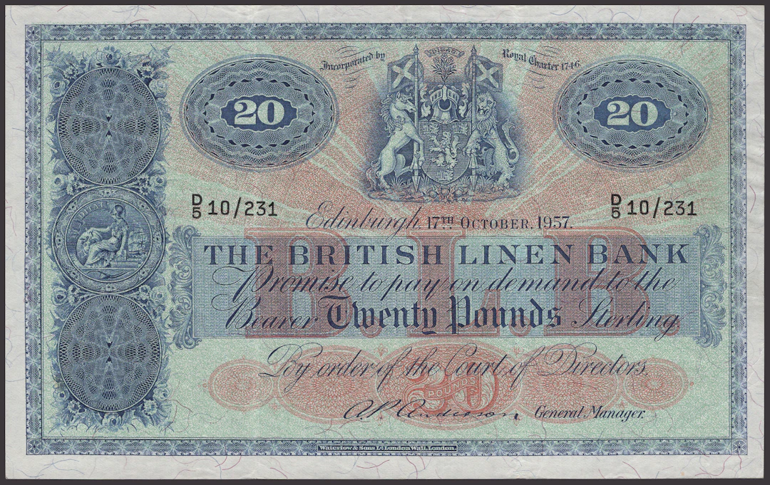 British Linen Bank, £20, 17 October 1957, serial number D/5 10/231