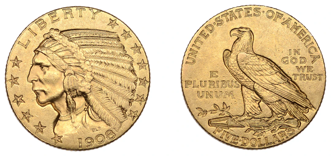 United States of America, 5 Dollars, 1908, Philadelphia (KM 129) Good