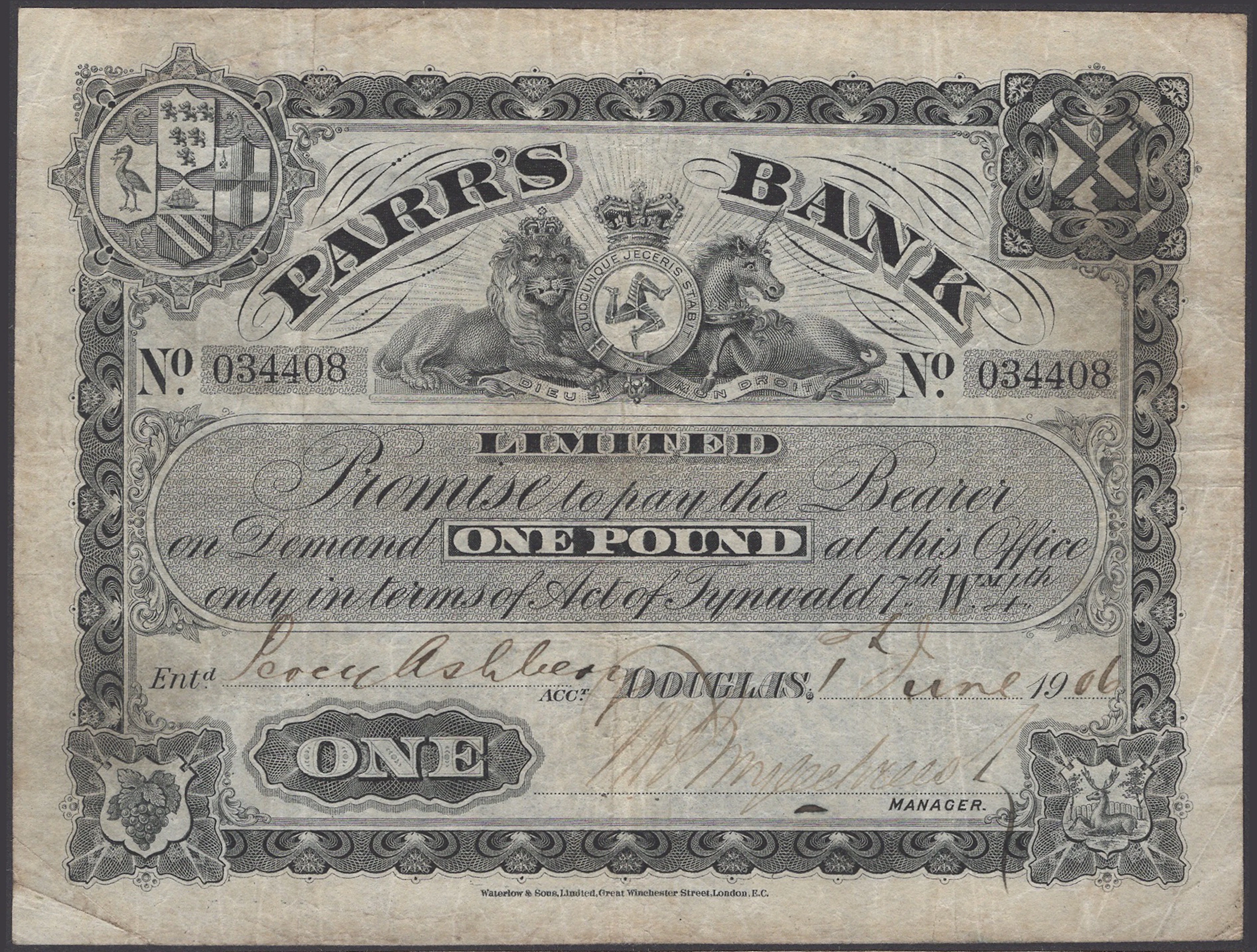 Parr’s Bank Limited, £1, 1 June 1906, serial number 034408, manuscript