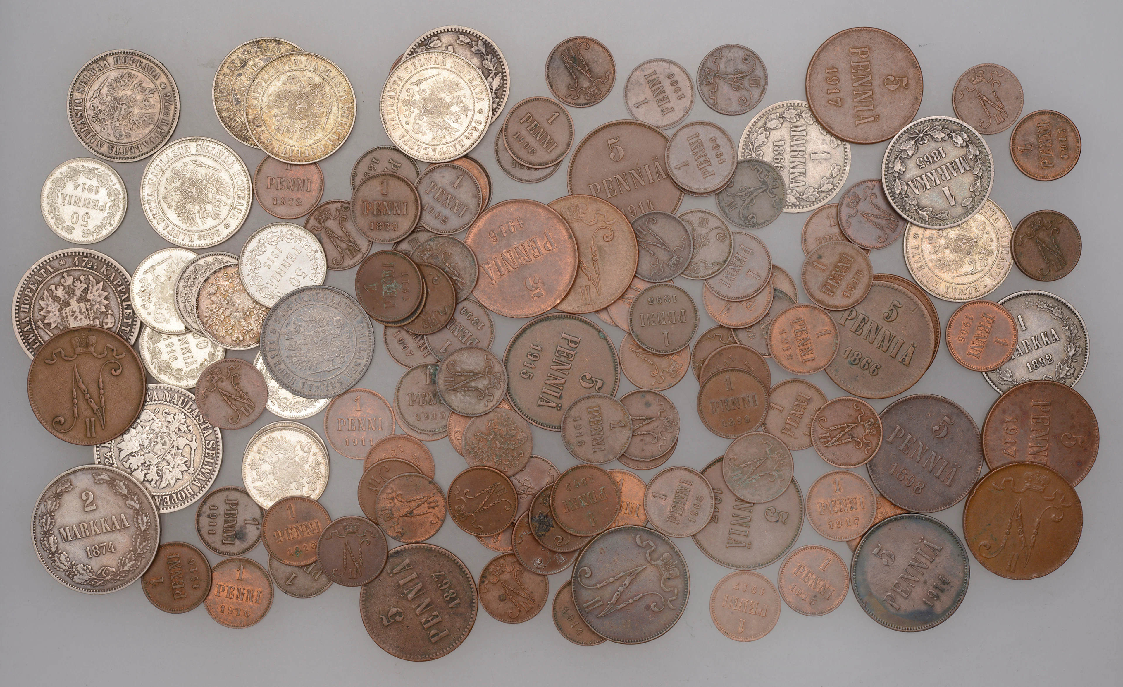Finland, Alexander II, 2 Markkaa, (3), 1865s, 1870s, 1874s, all Helsinki