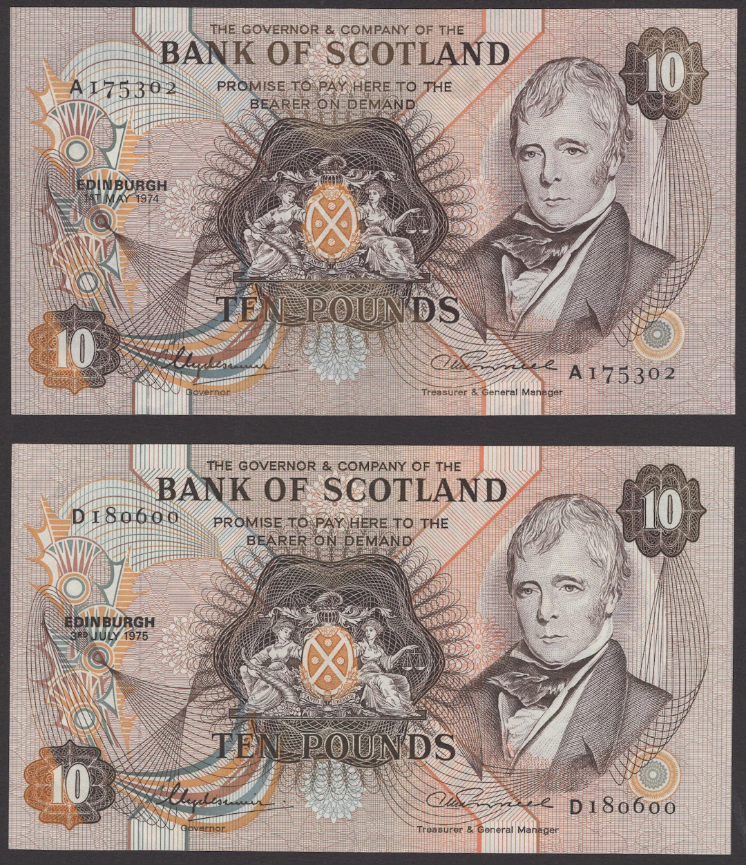 Bank of Scotland, £10 (4), 1 May 1974, serial number A175302, 3 July