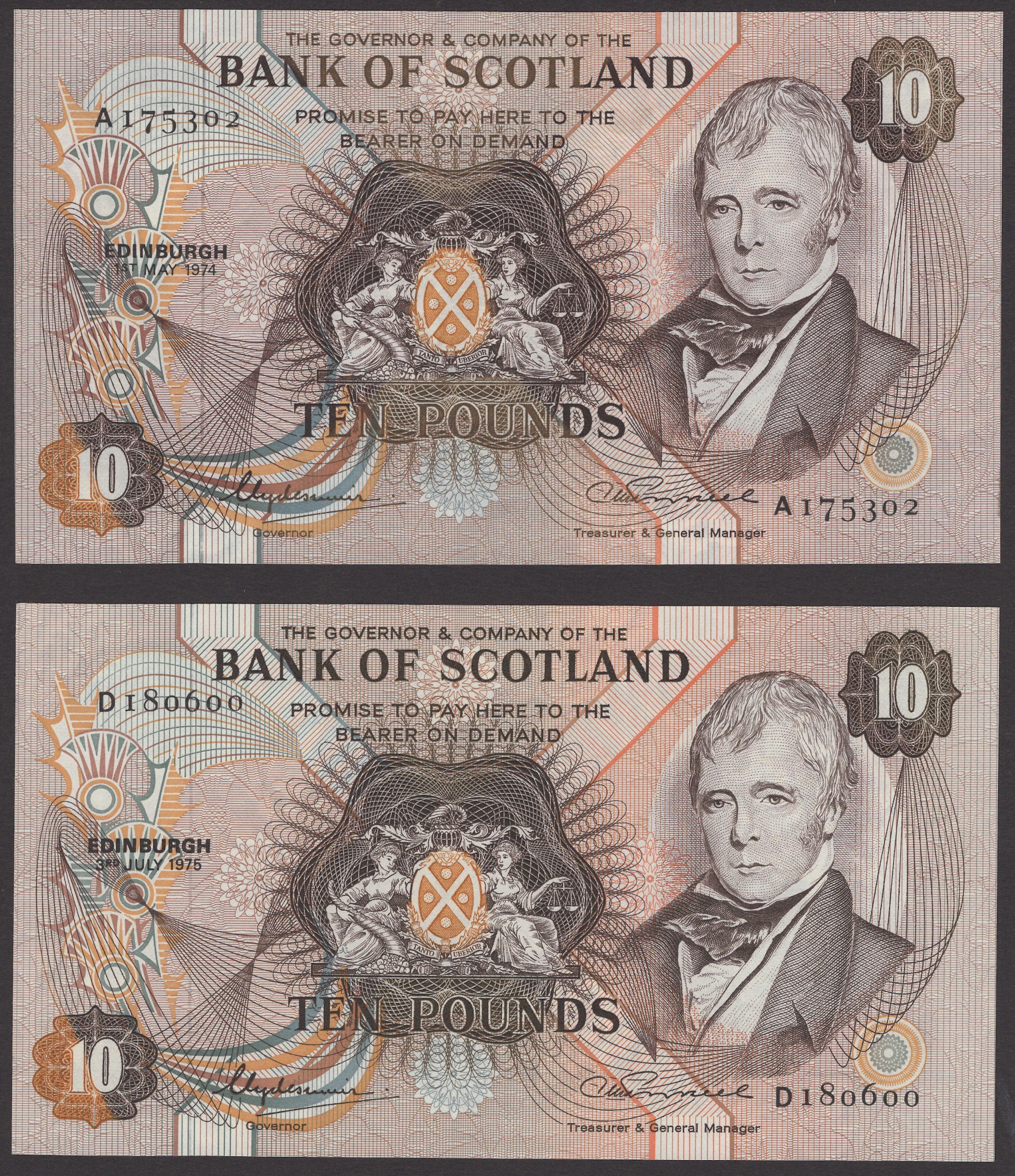 Bank of Scotland, £10 (4), 1 May 1974, serial number A175302, 3 July