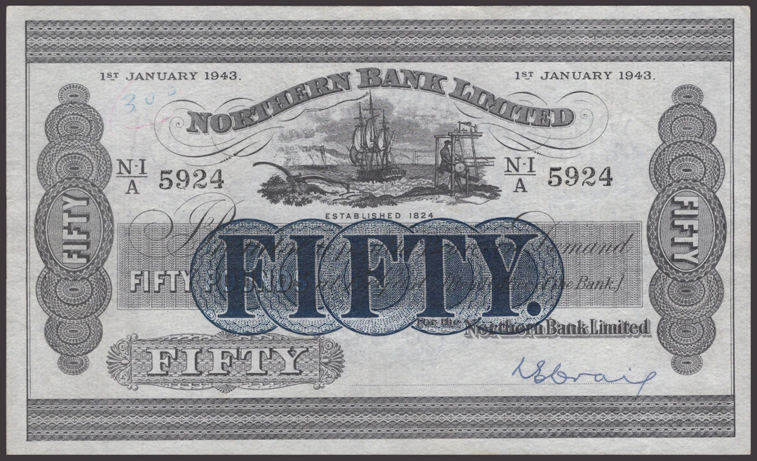 Northern Bank Limited, £50, 1 January 1943, serial number N-I/A 5924