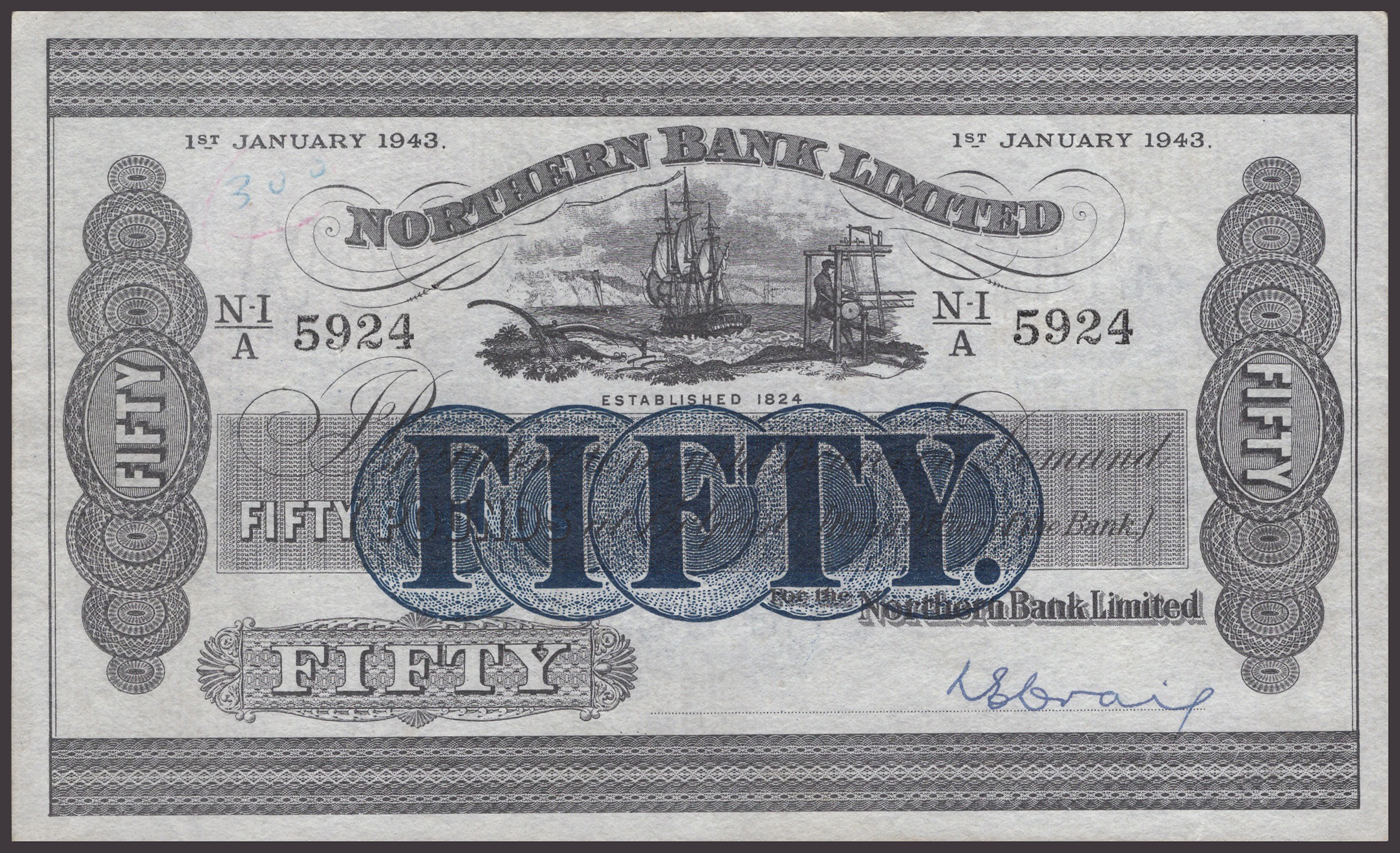 Northern Bank Limited, £50, 1 January 1943, serial number N-I/A 5924
