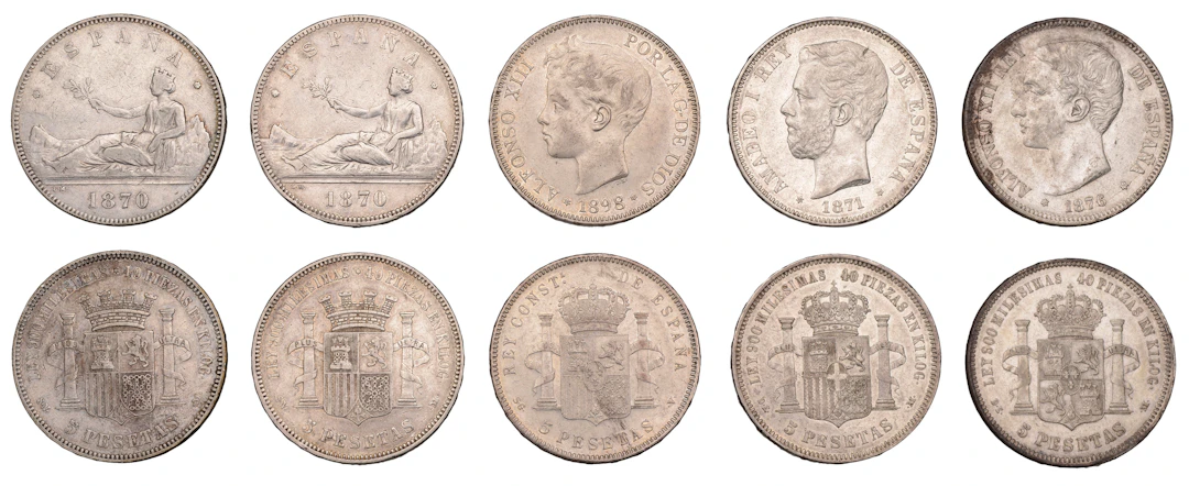 Spain, Provisional Government, 5 Pesetas (2), both 1870, Madrid (Cal.