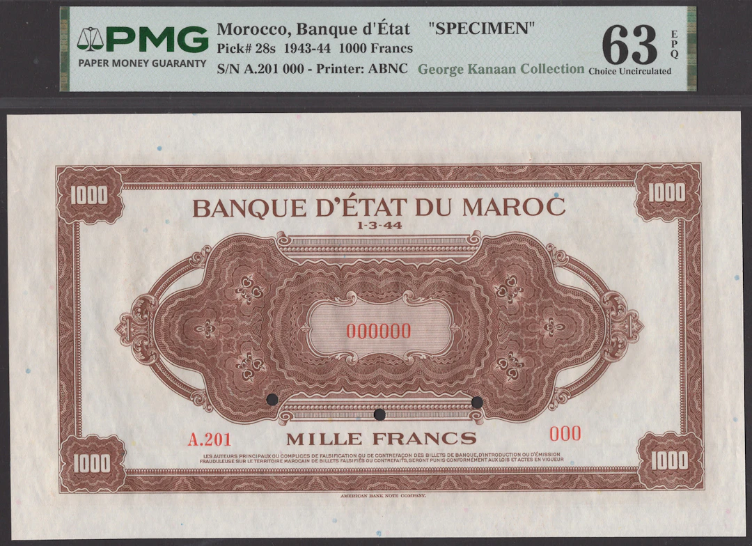 Banque d’Etat du Maroc, specimen 1000 Francs, 1 March 1944, serial