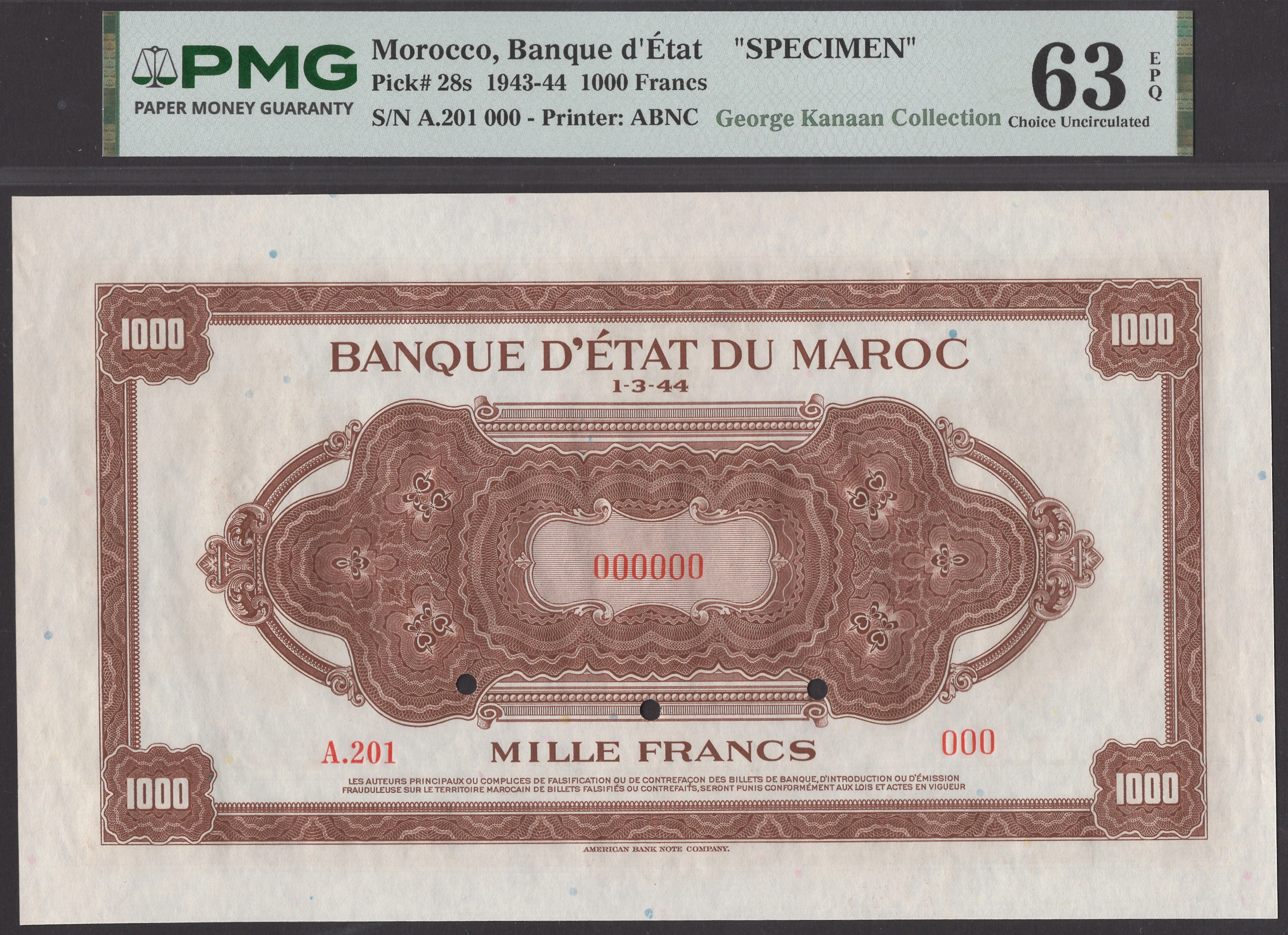Banque d’Etat du Maroc, specimen 1000 Francs, 1 March 1944, serial