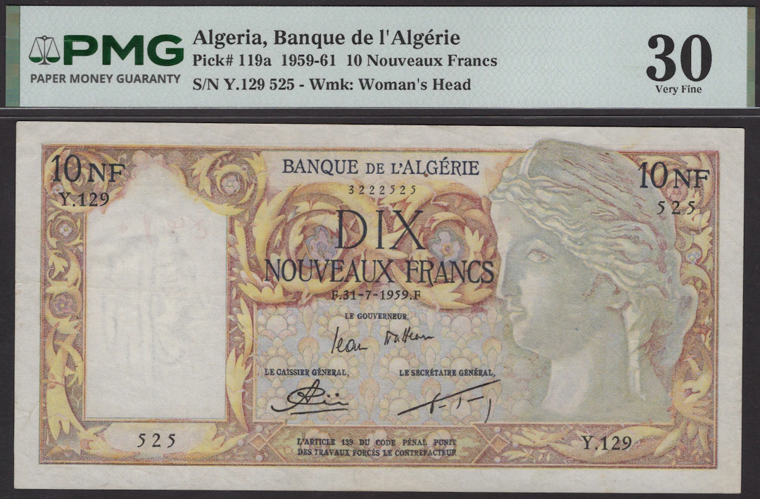 Banque de l’Algerie, 10 Nouveaux Francs, 31 July 1959, serial number