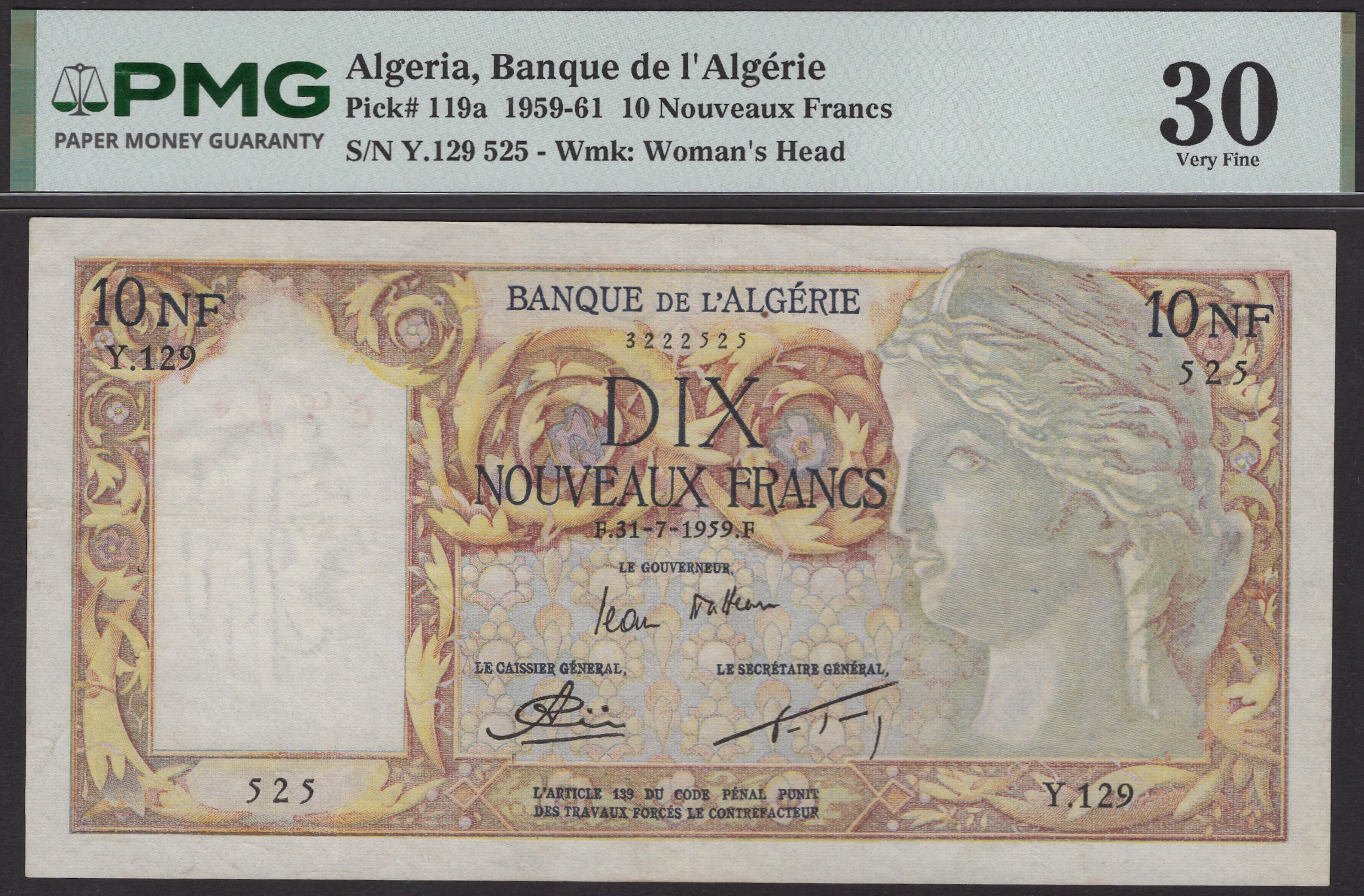 Banque de l’Algerie, 10 Nouveaux Francs, 31 July 1959, serial number