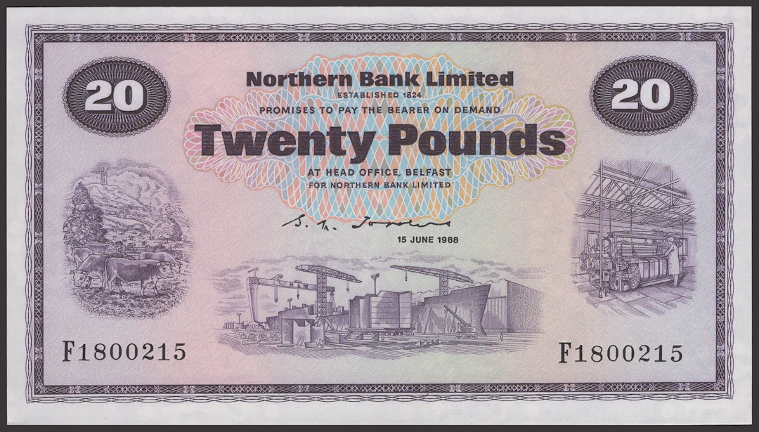 Northern Bank Limited, £20, 15 June 1988, serial number F1800215
