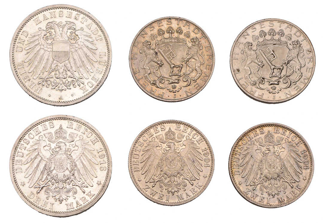 Germany, Bremen, Free City, 2 Mark (2), both 1904j, Hamburg (J 59;